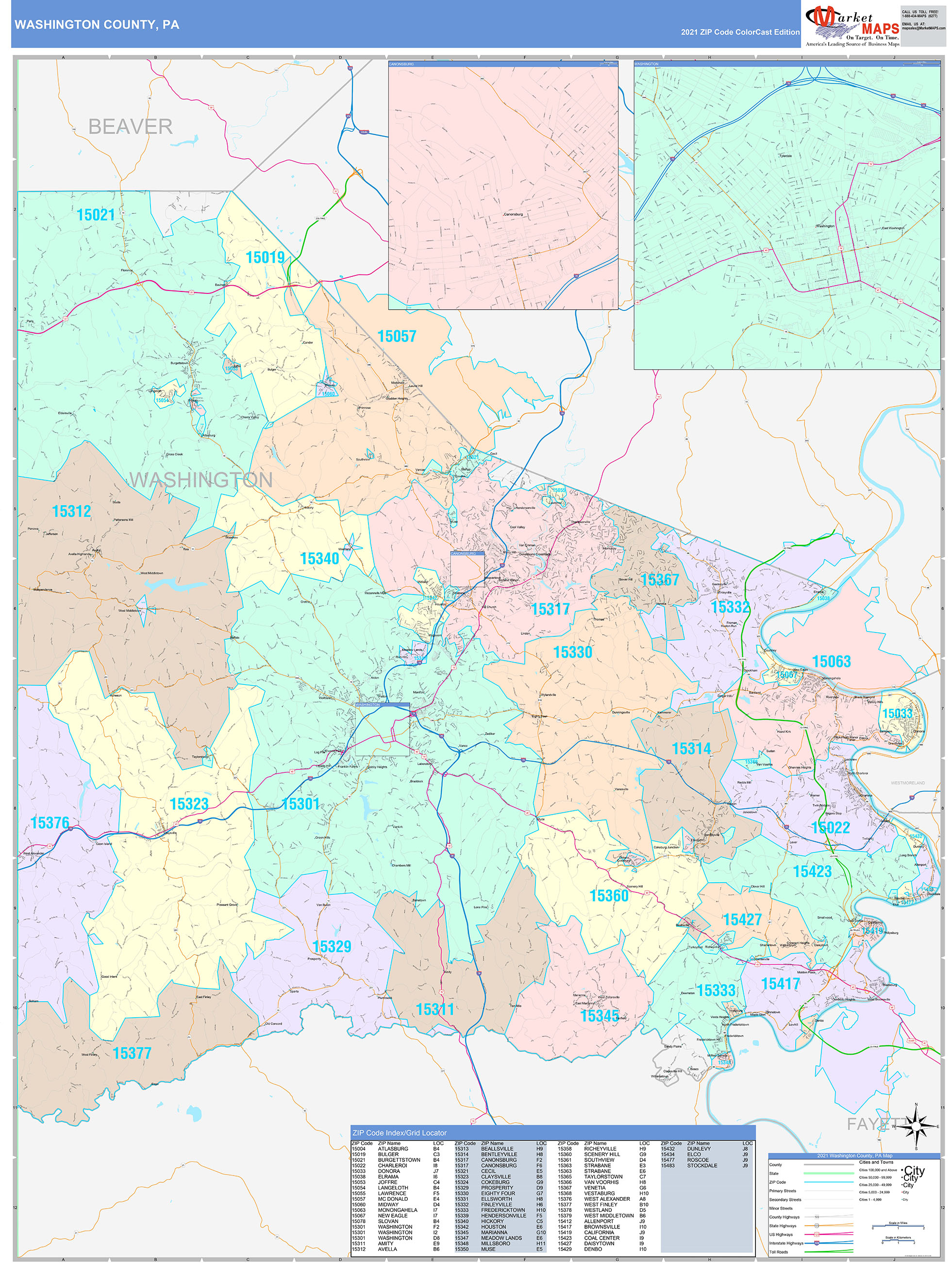 Washington County, PA Wall Map Color Cast Style by MarketMAPS MapSales
