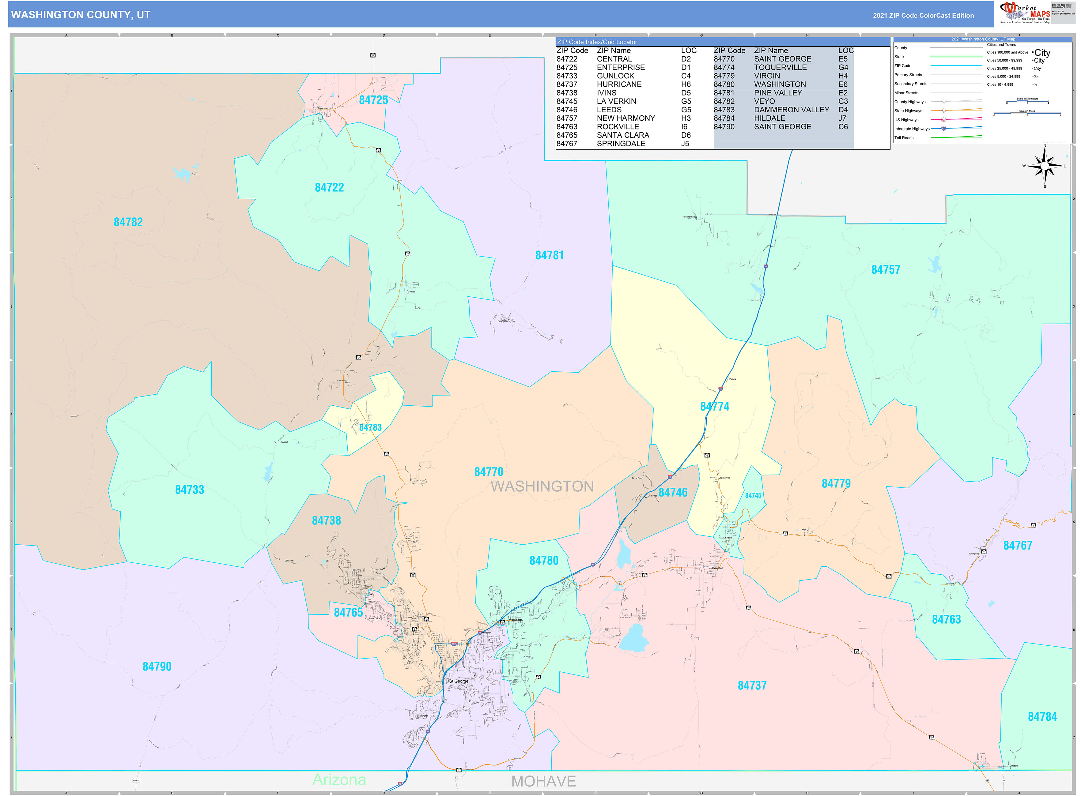 Washington County, UT Wall Map Color Cast Style by MarketMAPS