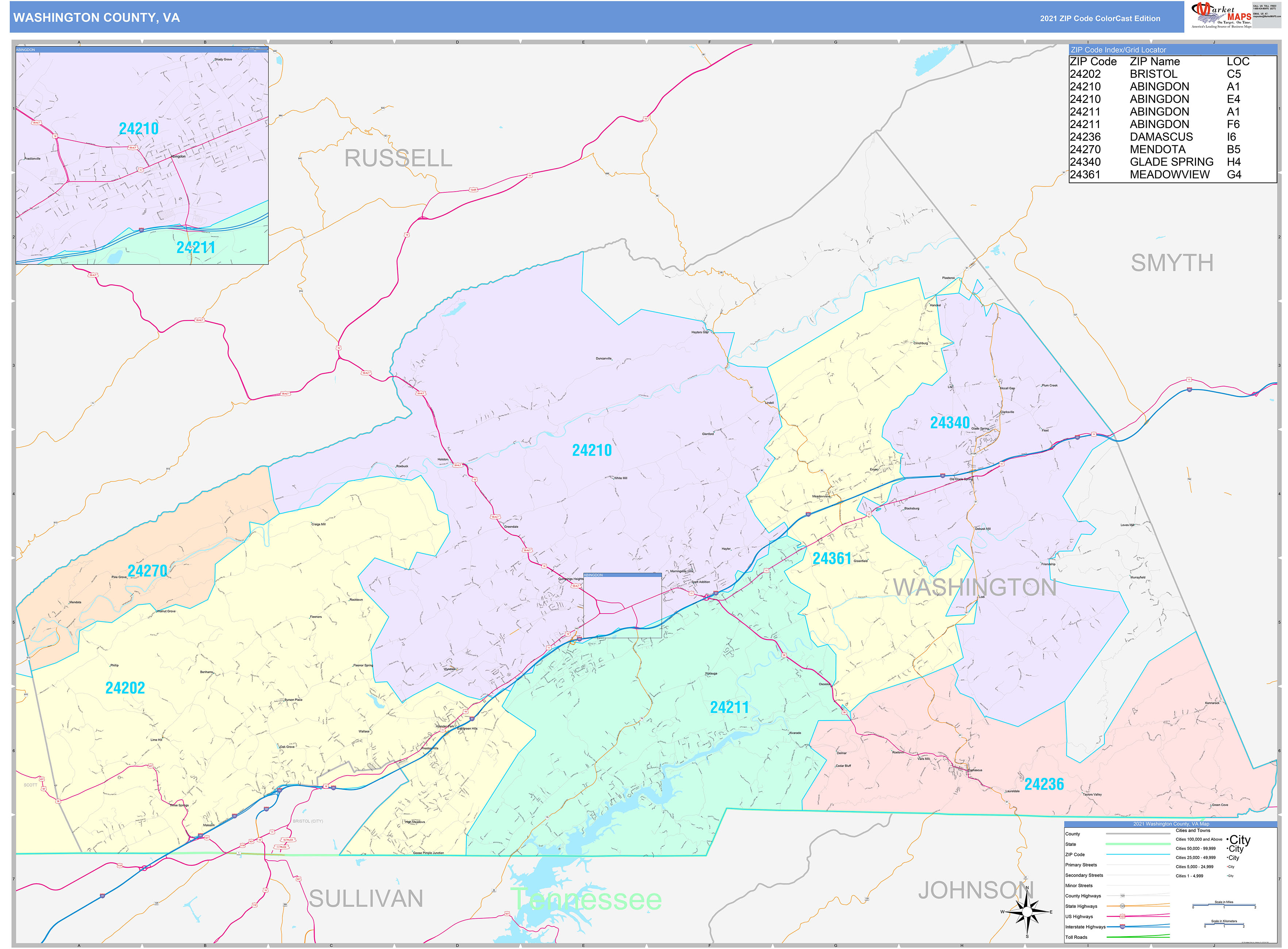Washington County, VA Wall Map Color Cast Style by MarketMAPS
