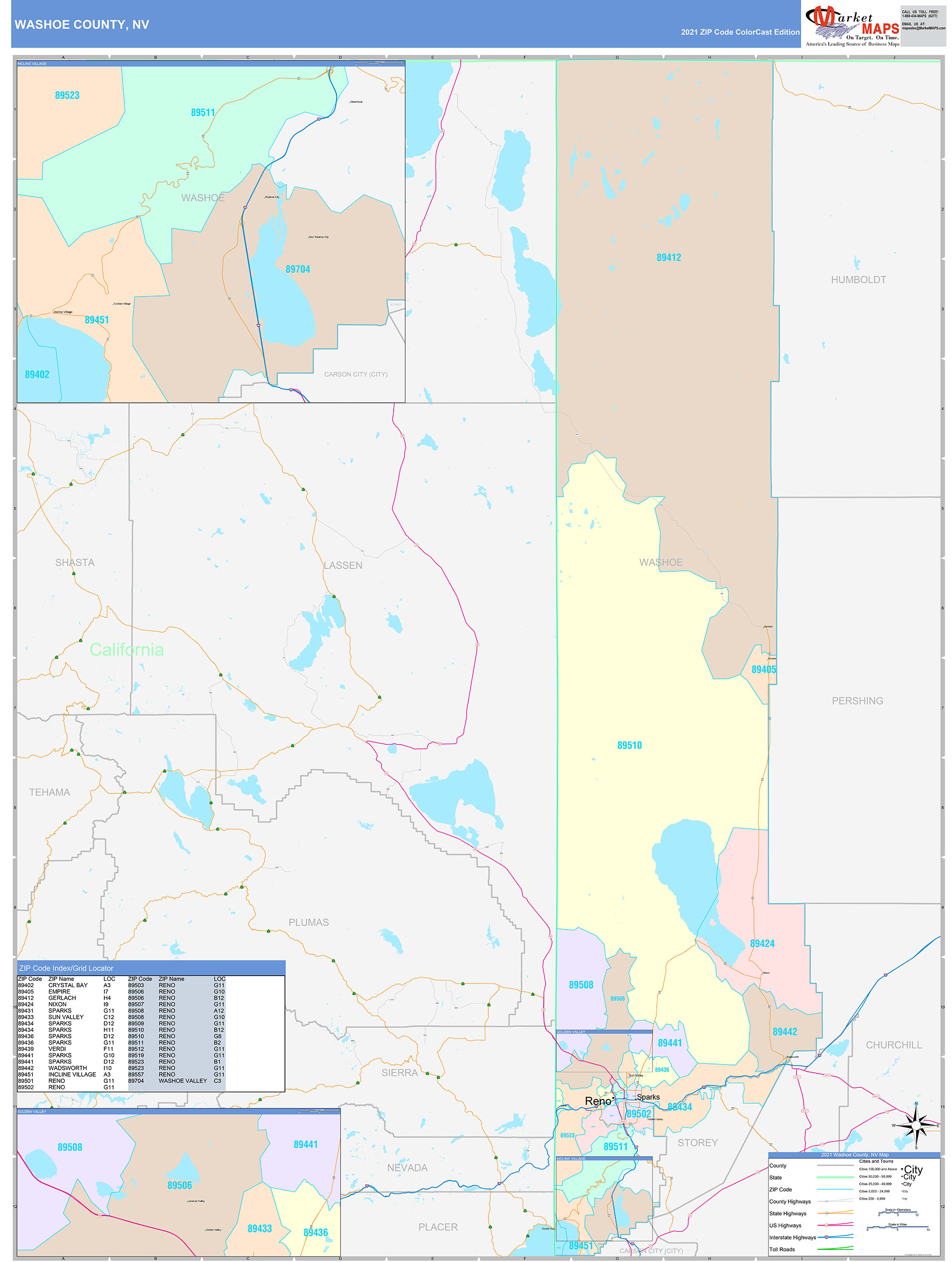 Washoe County, NV Wall Map Color Cast Style by MarketMAPS