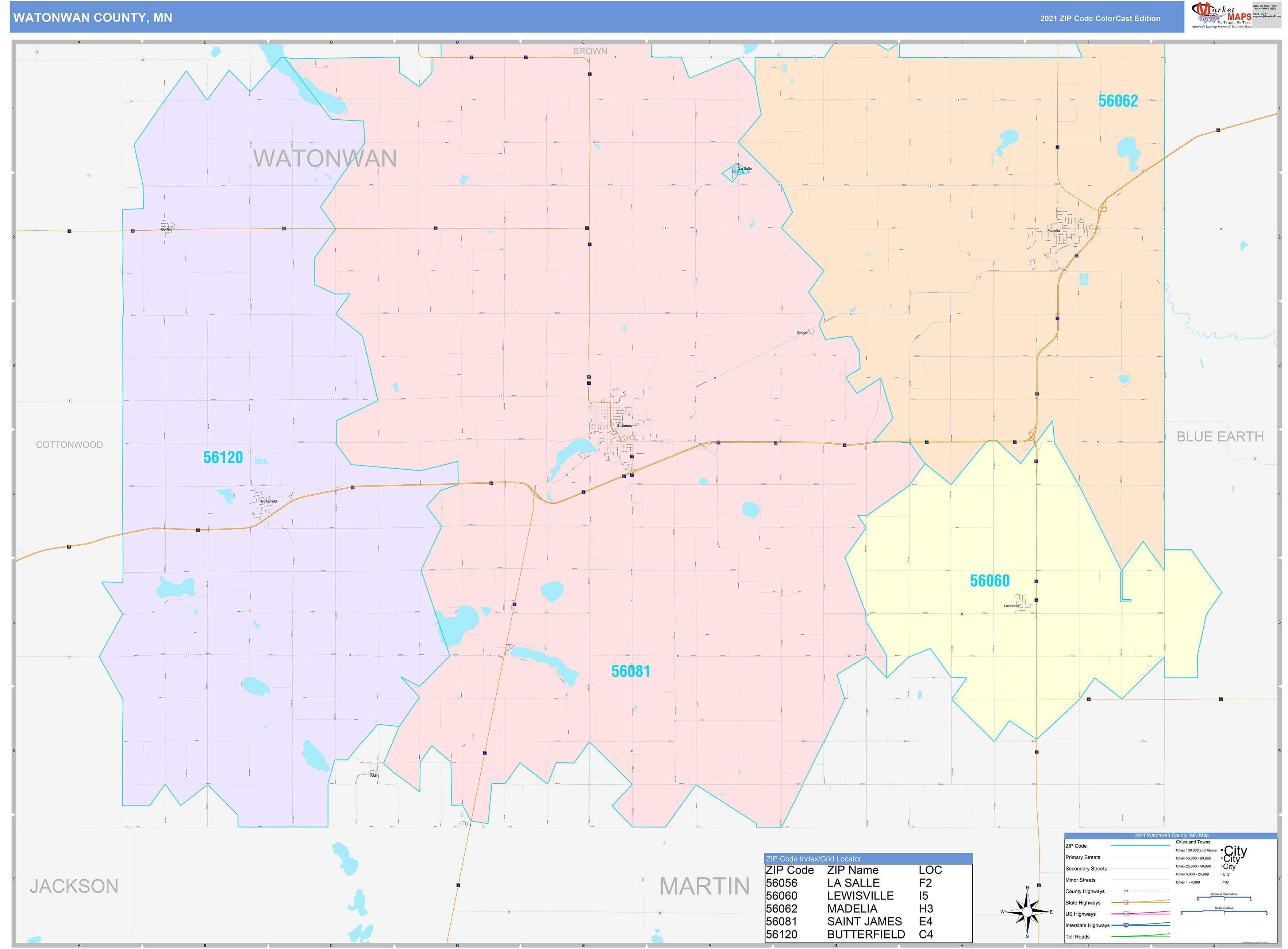 Watonwan County, MN Wall Map Color Cast Style by MarketMAPS