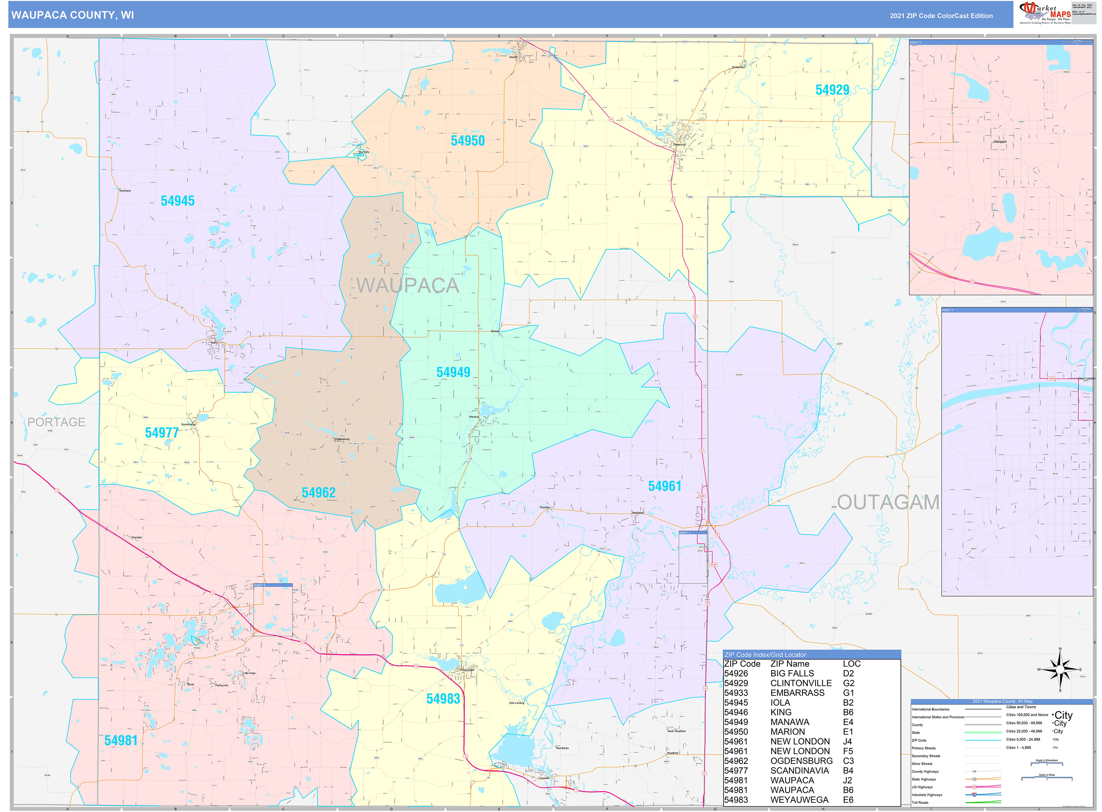 Waupaca County, WI Wall Map Color Cast Style by MarketMAPS MapSales