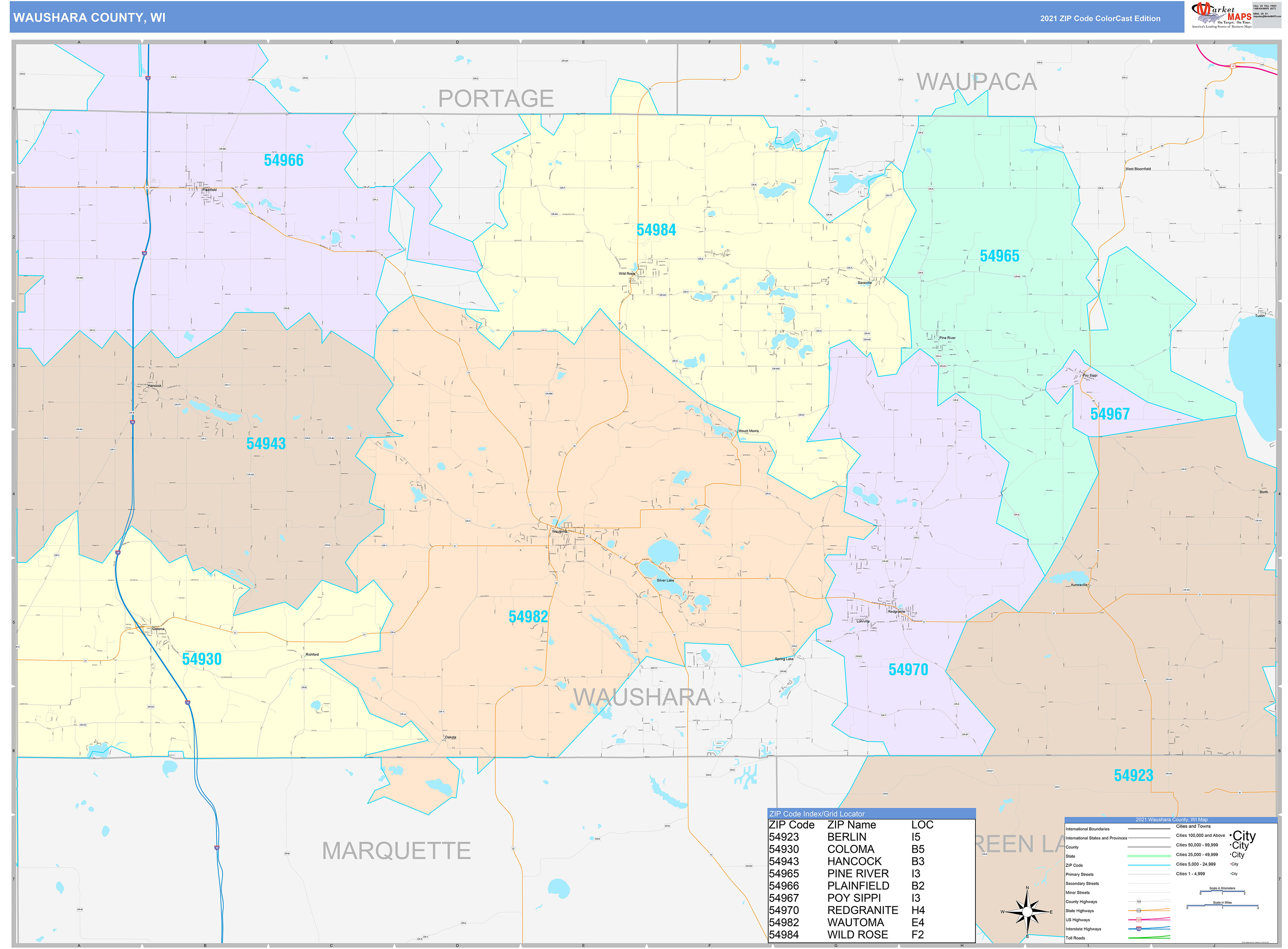 Waushara County, WI Wall Map Color Cast Style by MarketMAPS