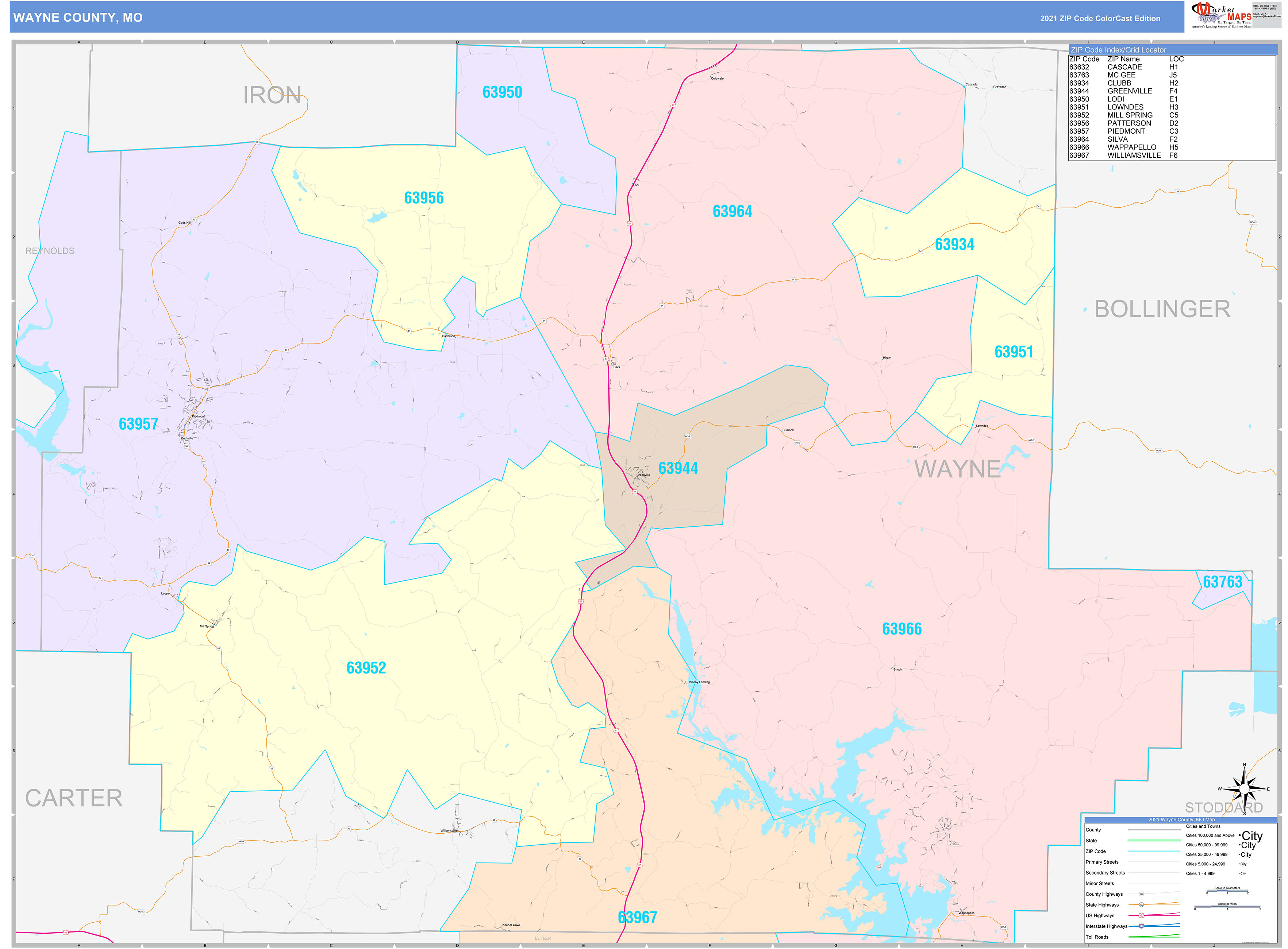 Wayne County, MO Wall Map Color Cast Style by MarketMAPS MapSales