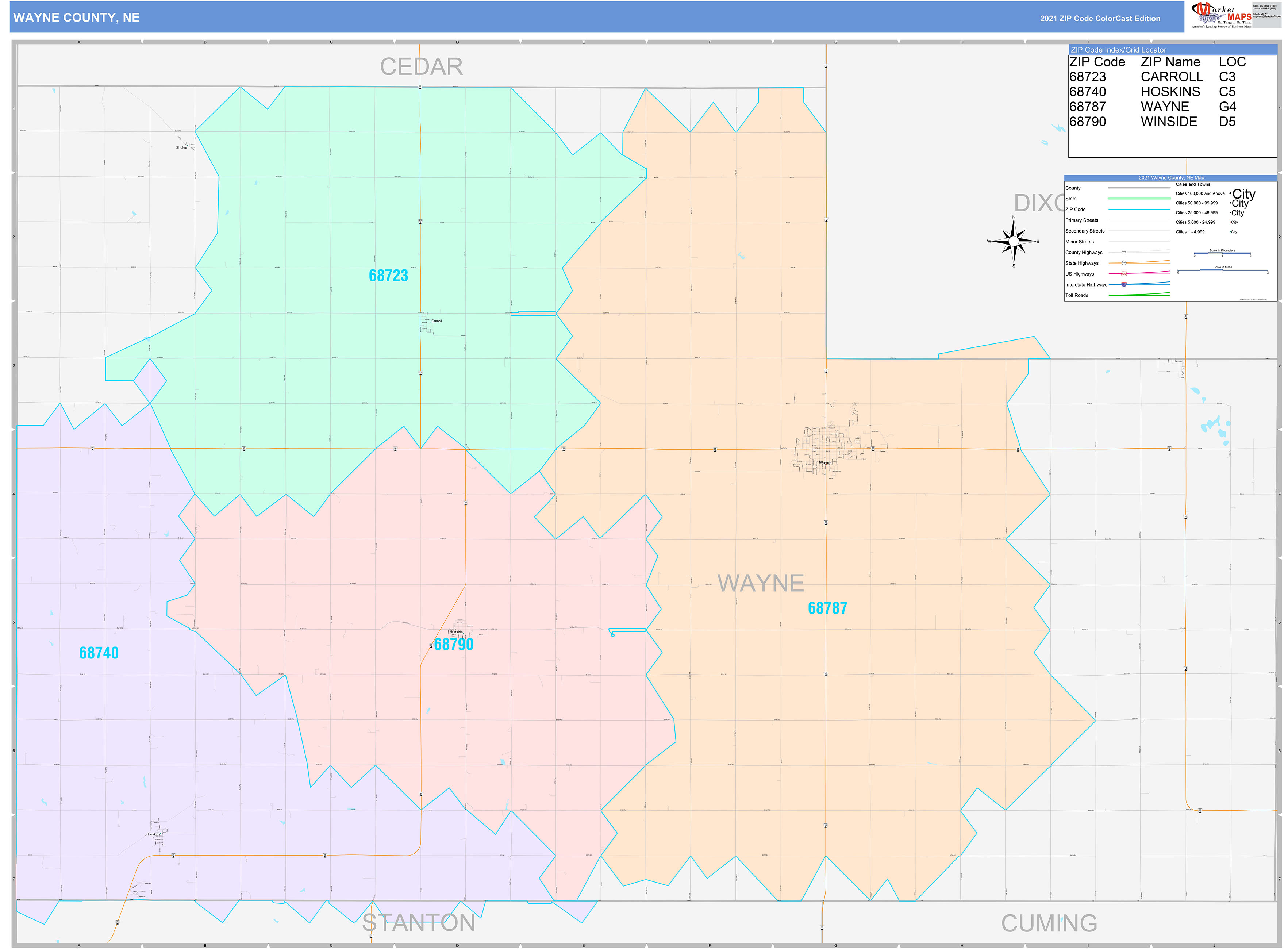 Wayne County, NE Wall Map Color Cast Style by MarketMAPS