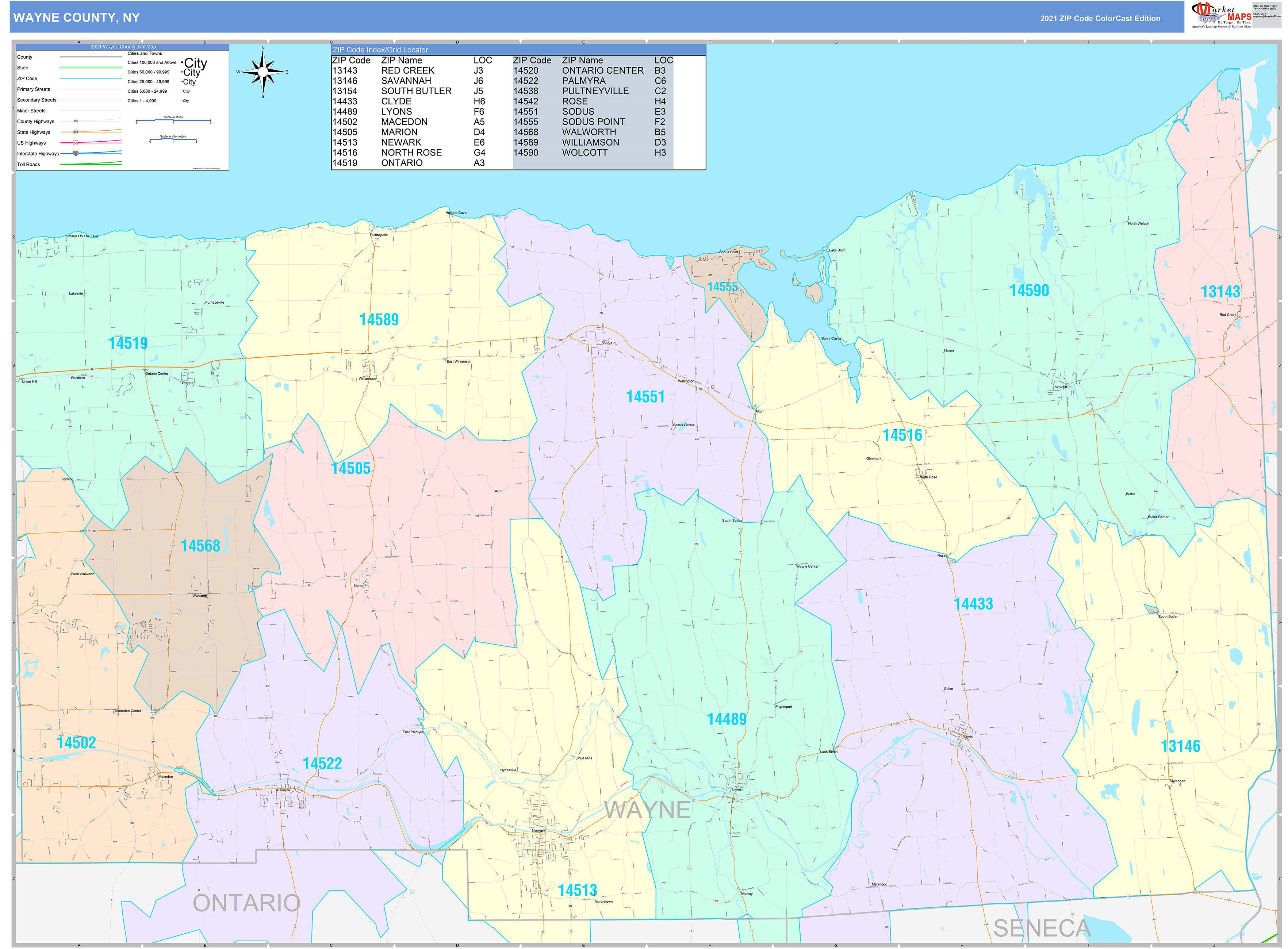 Wayne County, NY Wall Map Color Cast Style by MarketMAPS