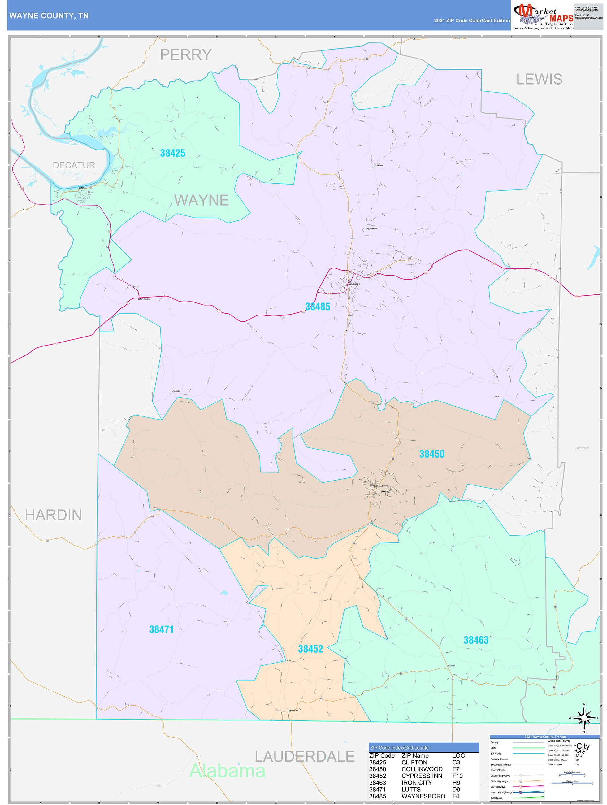 Wayne County, TN Wall Map Color Cast Style by MarketMAPS