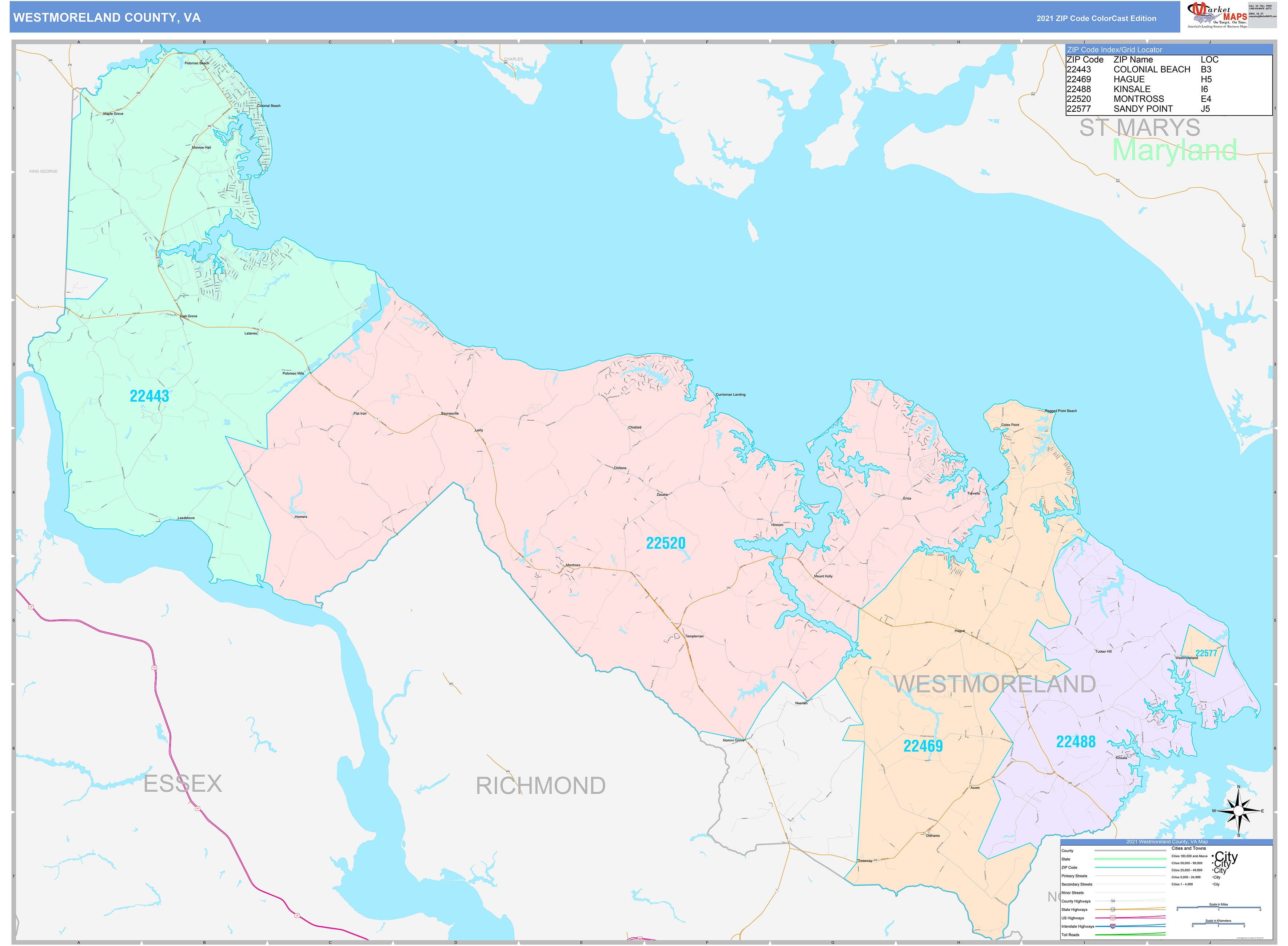 Westmoreland County, VA Wall Map Color Cast Style by MarketMAPS