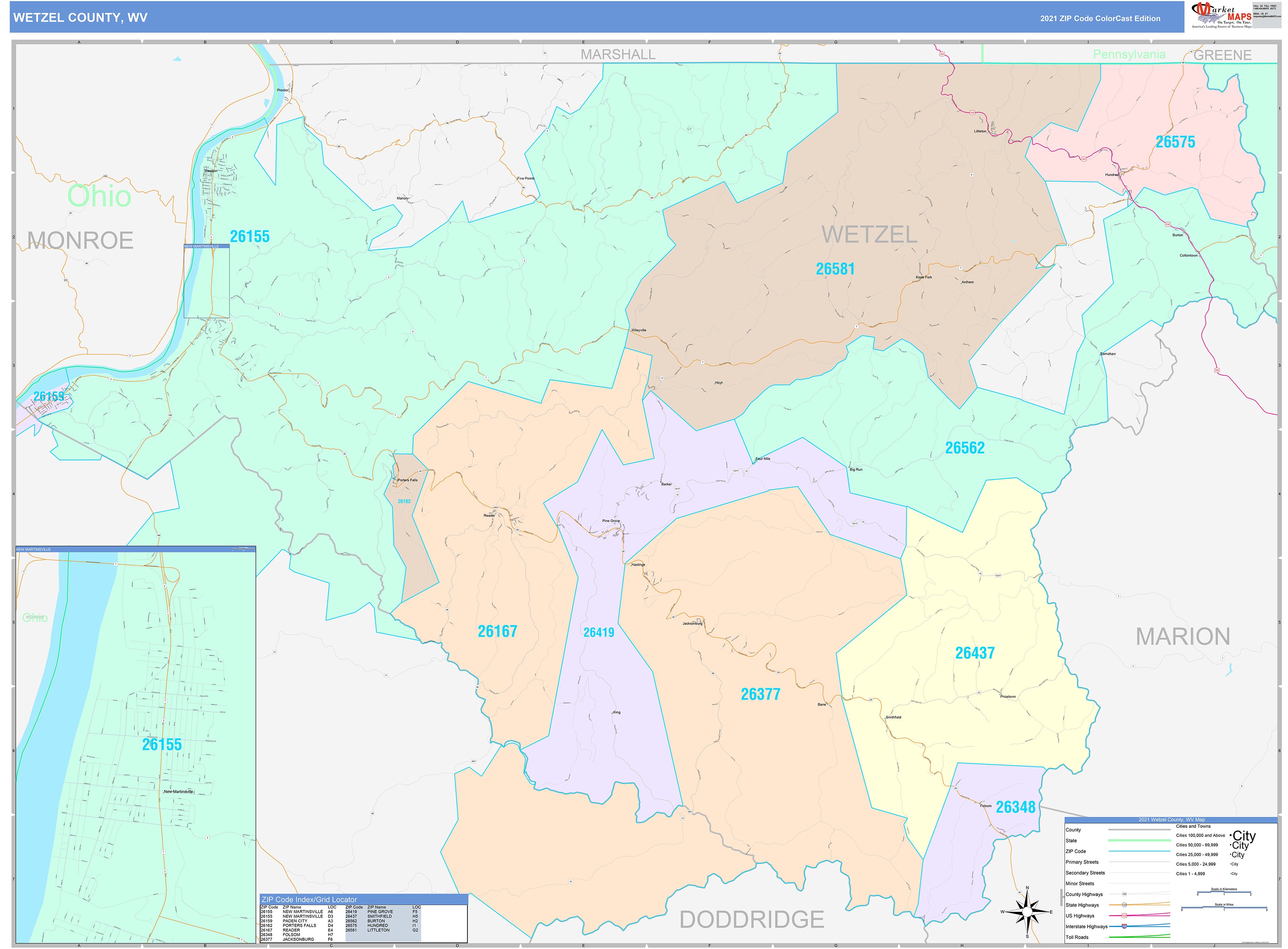 Wetzel County, WV Wall Map Color Cast Style by MarketMAPS