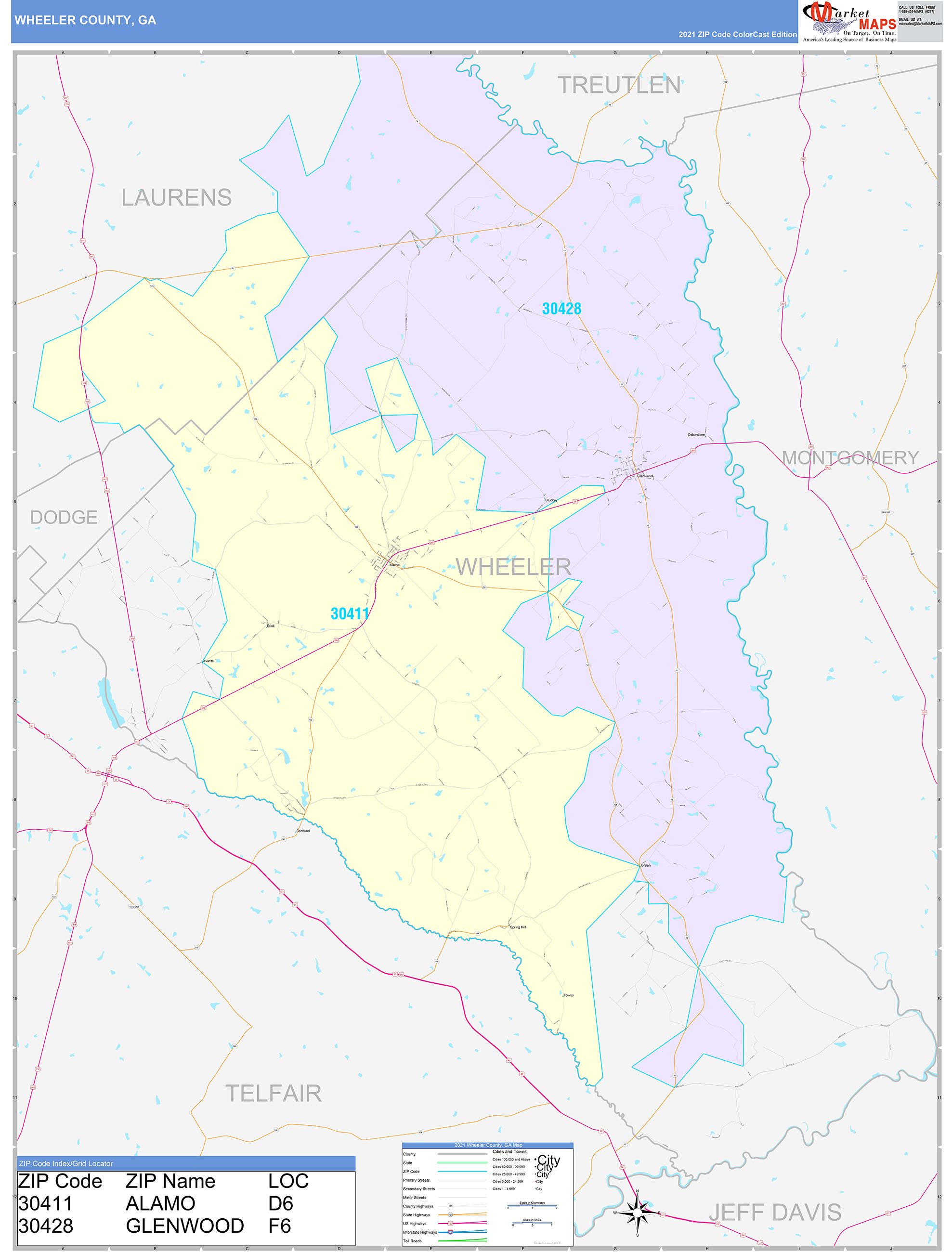 Wheeler County, GA Wall Map Color Cast Style by MarketMAPS