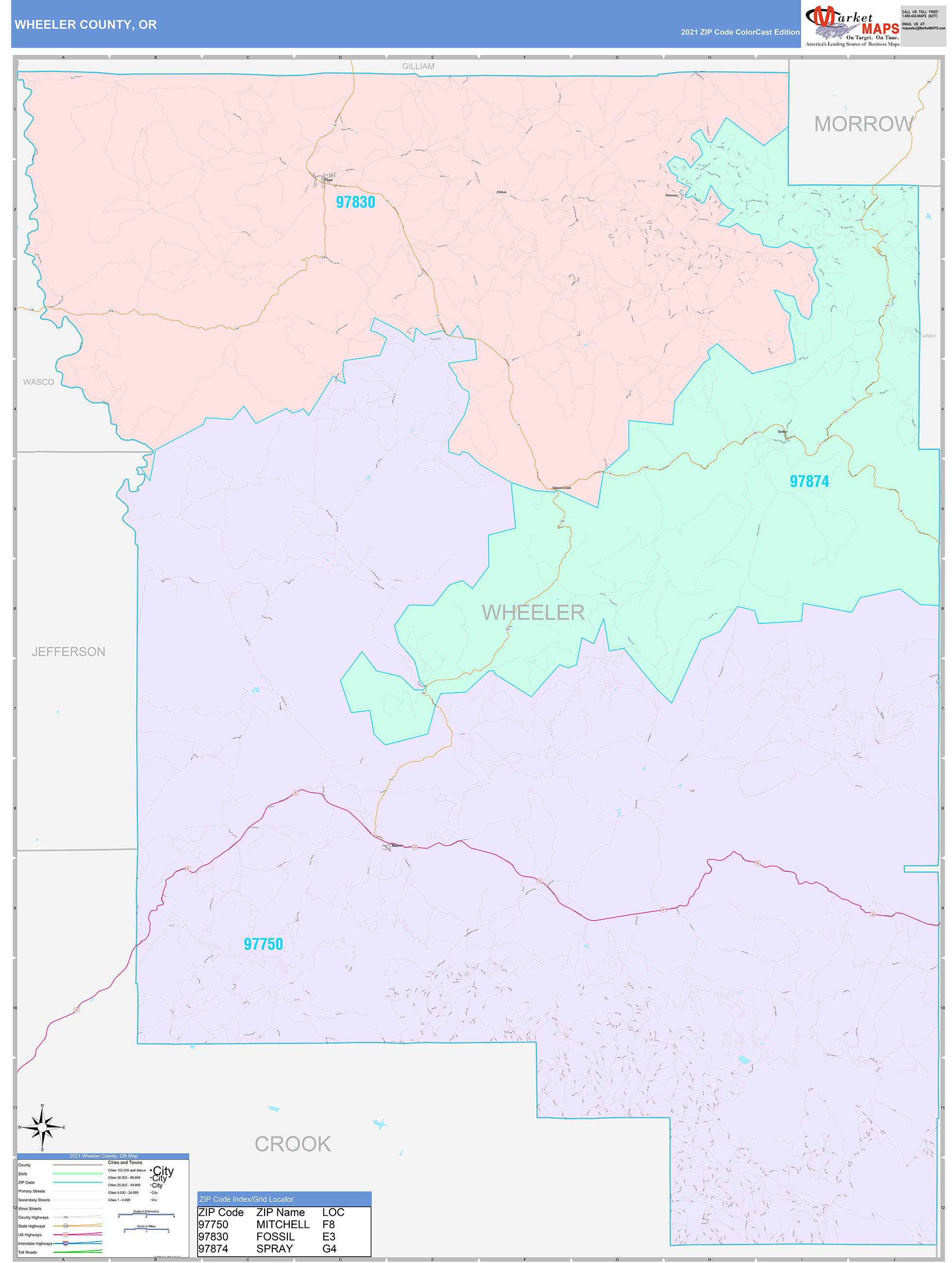 Wheeler County, OR Wall Map Color Cast Style by MarketMAPS