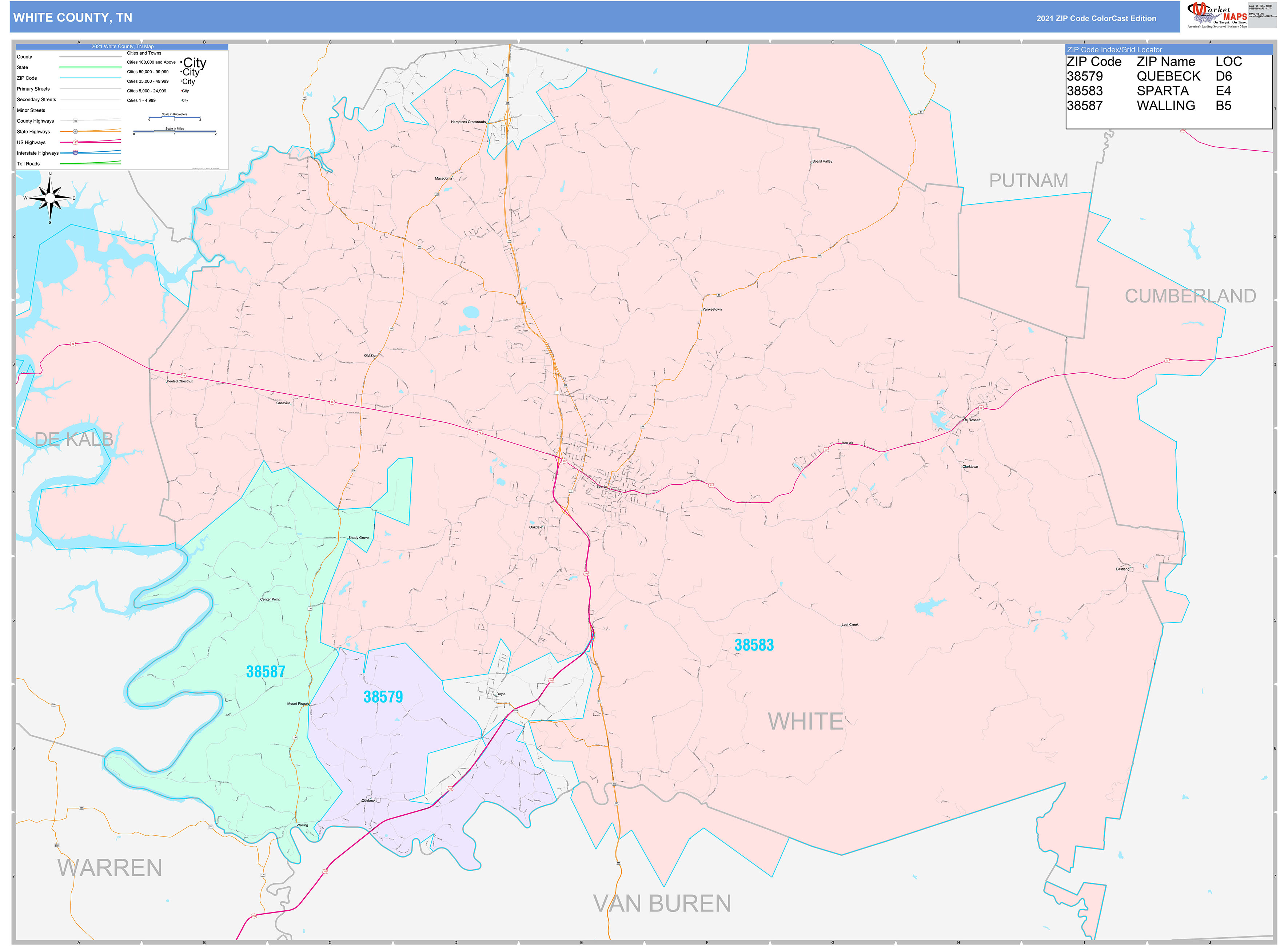 White County, TN Wall Map Color Cast Style by MarketMAPS