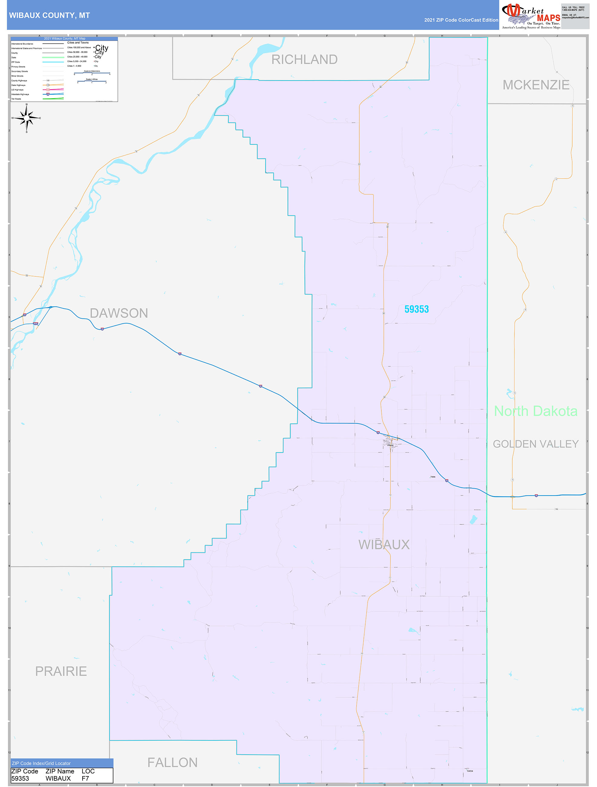 Wibaux County, MT Wall Map Color Cast Style by MarketMAPS