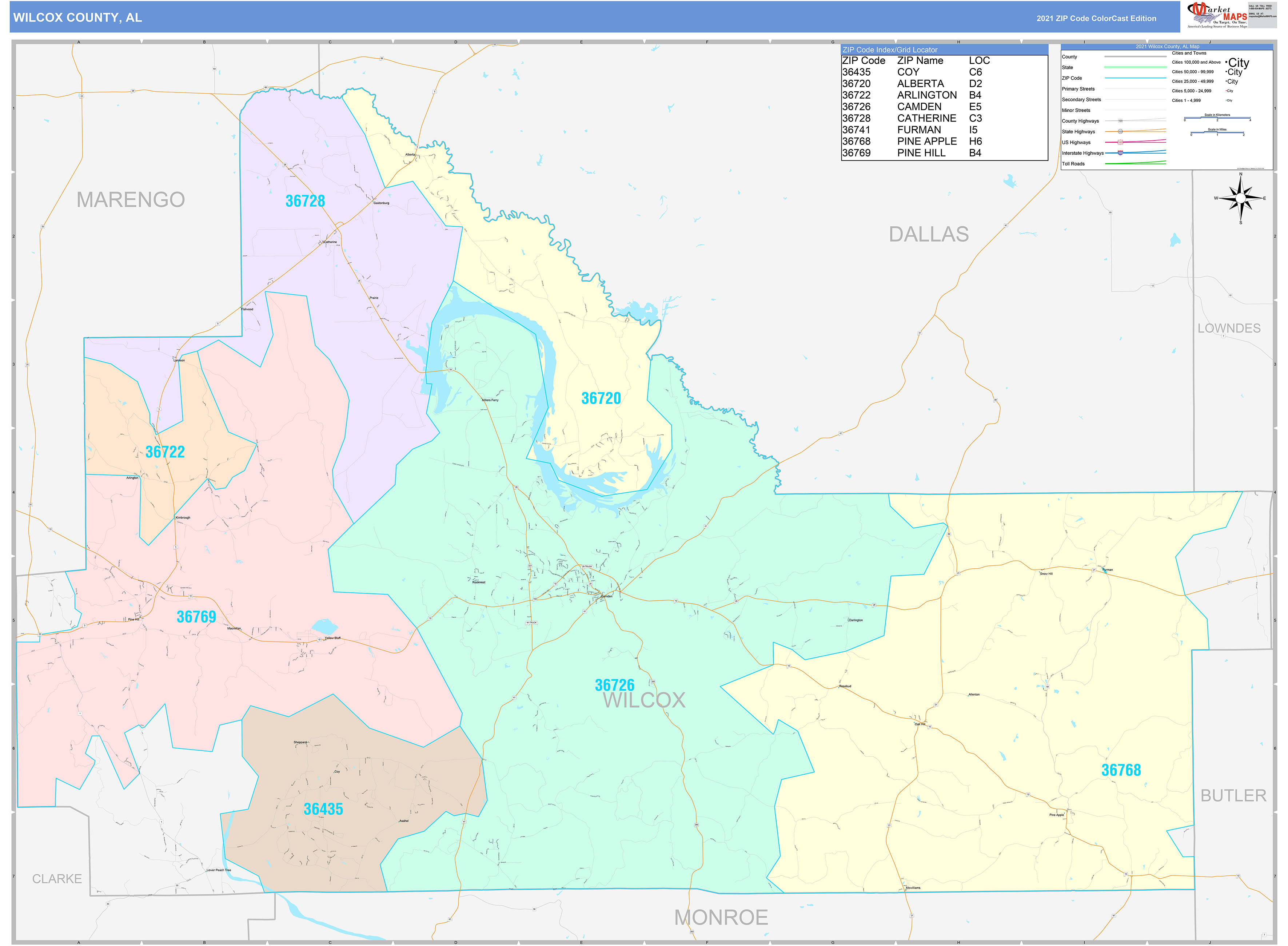 Wilcox County, AL Wall Map Color Cast Style by MarketMAPS MapSales