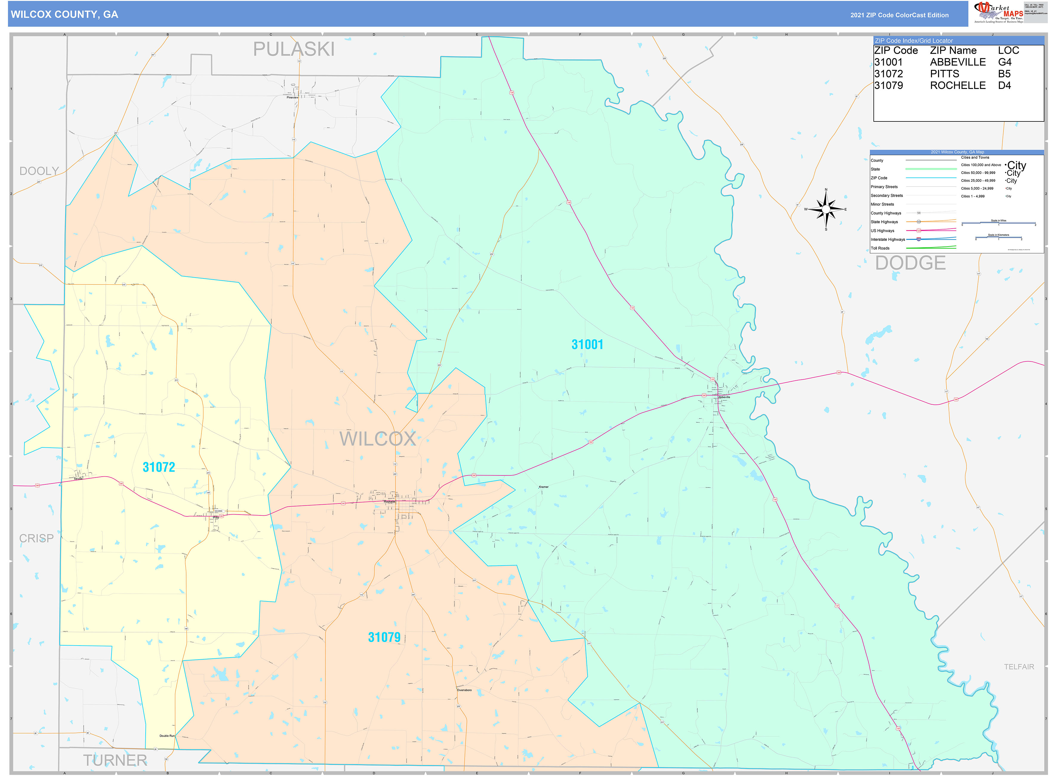 Wilcox County, GA Wall Map Color Cast Style by MarketMAPS