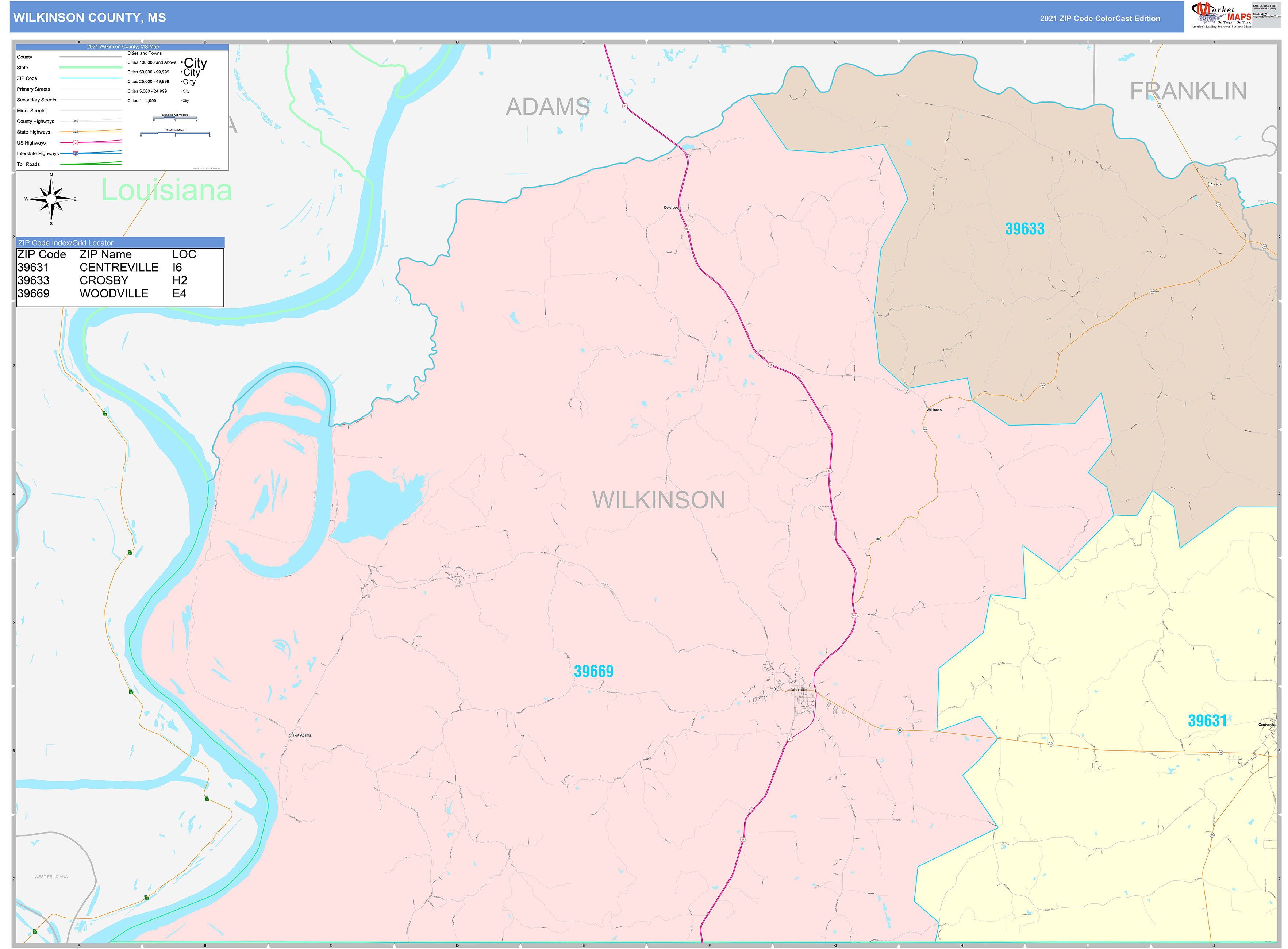 Wilkinson County, MS Wall Map Color Cast Style by MarketMAPS