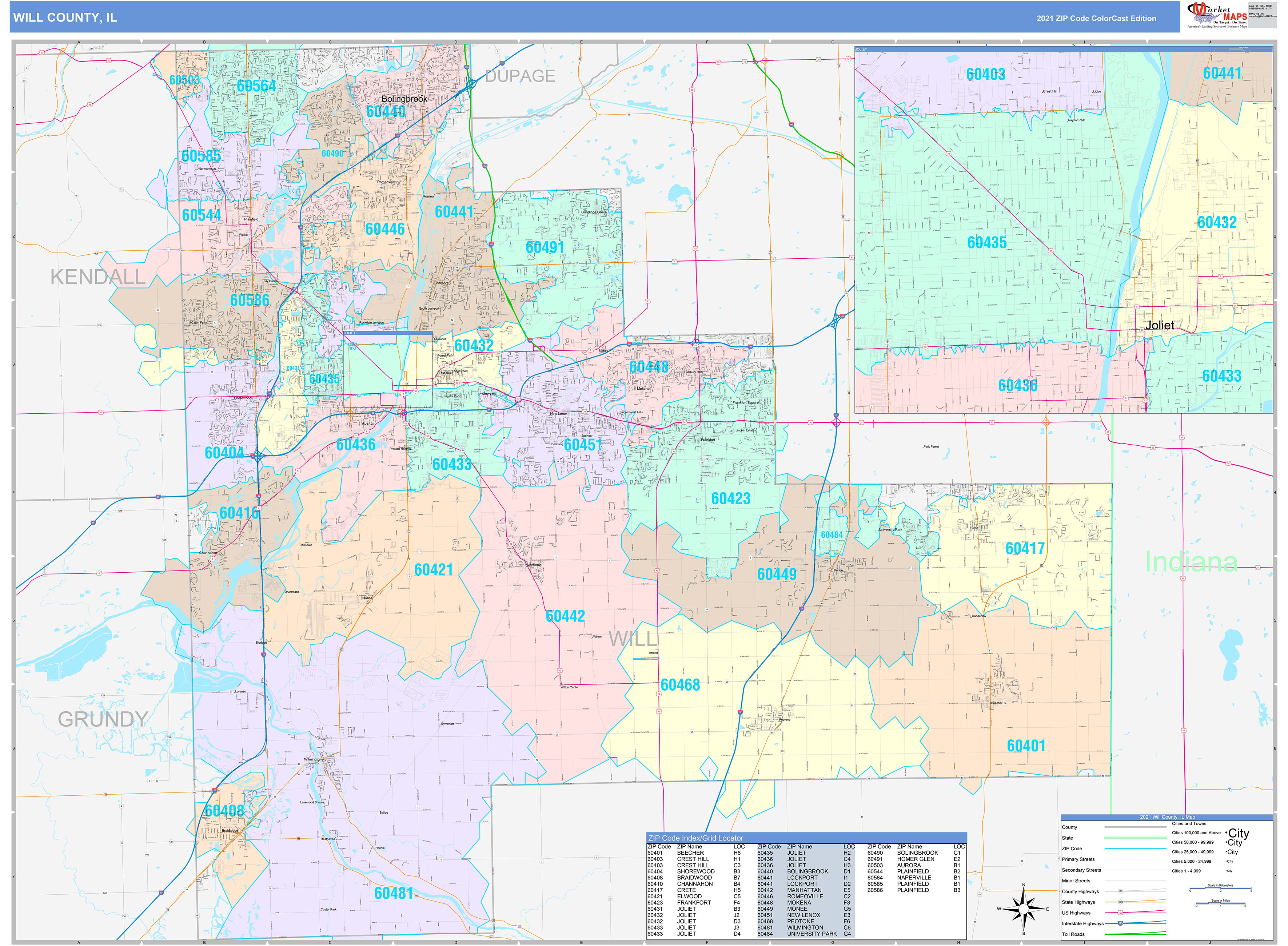 Will County, IL Wall Map Color Cast Style by MarketMAPS MapSales