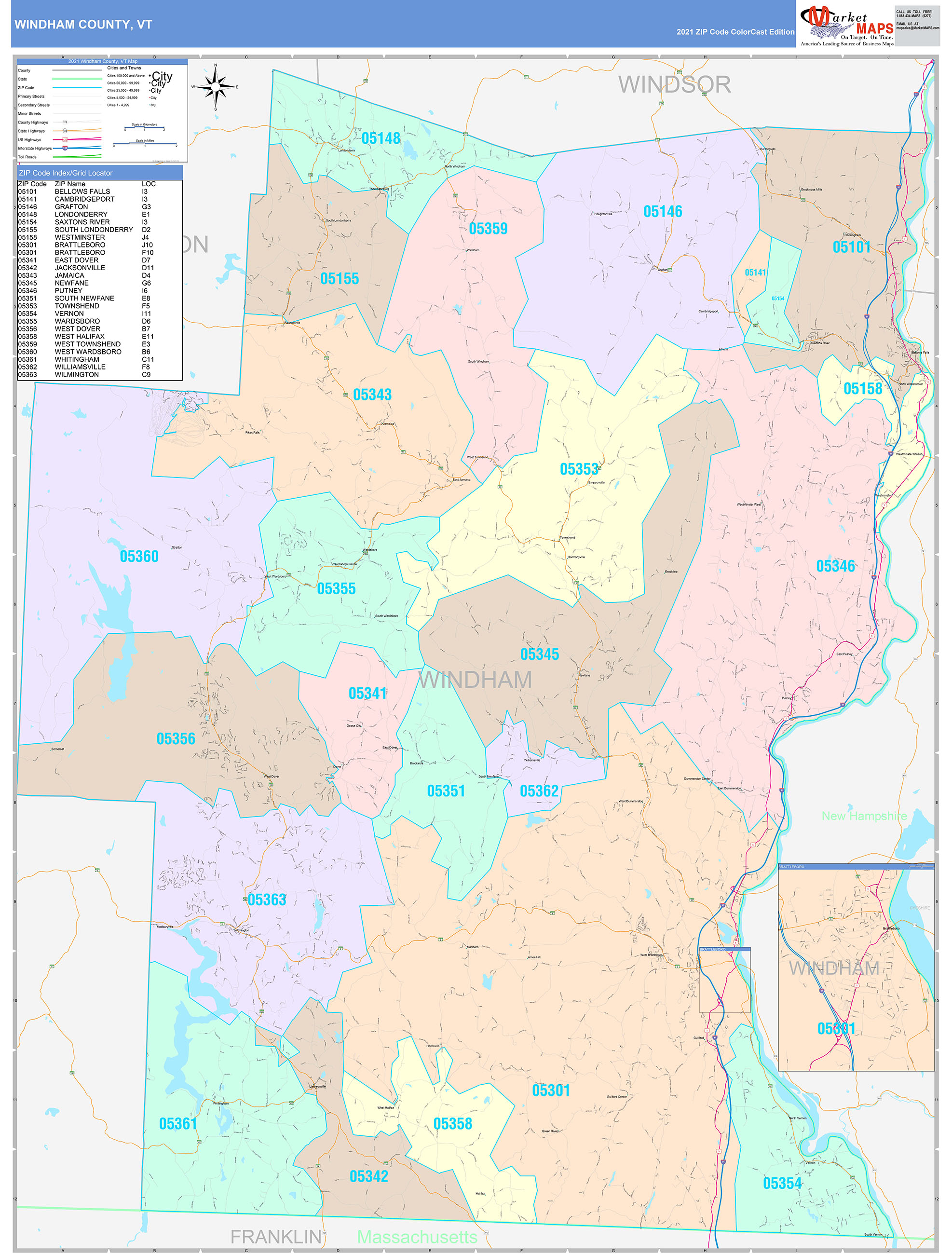 Windham County, VT Wall Map Color Cast Style by MarketMAPS