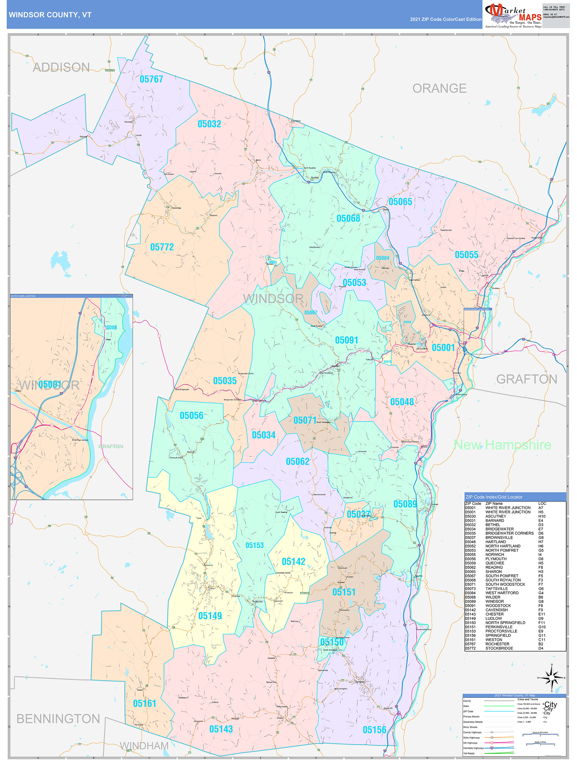 Windsor County, VT Wall Map Color Cast Style by MarketMAPS