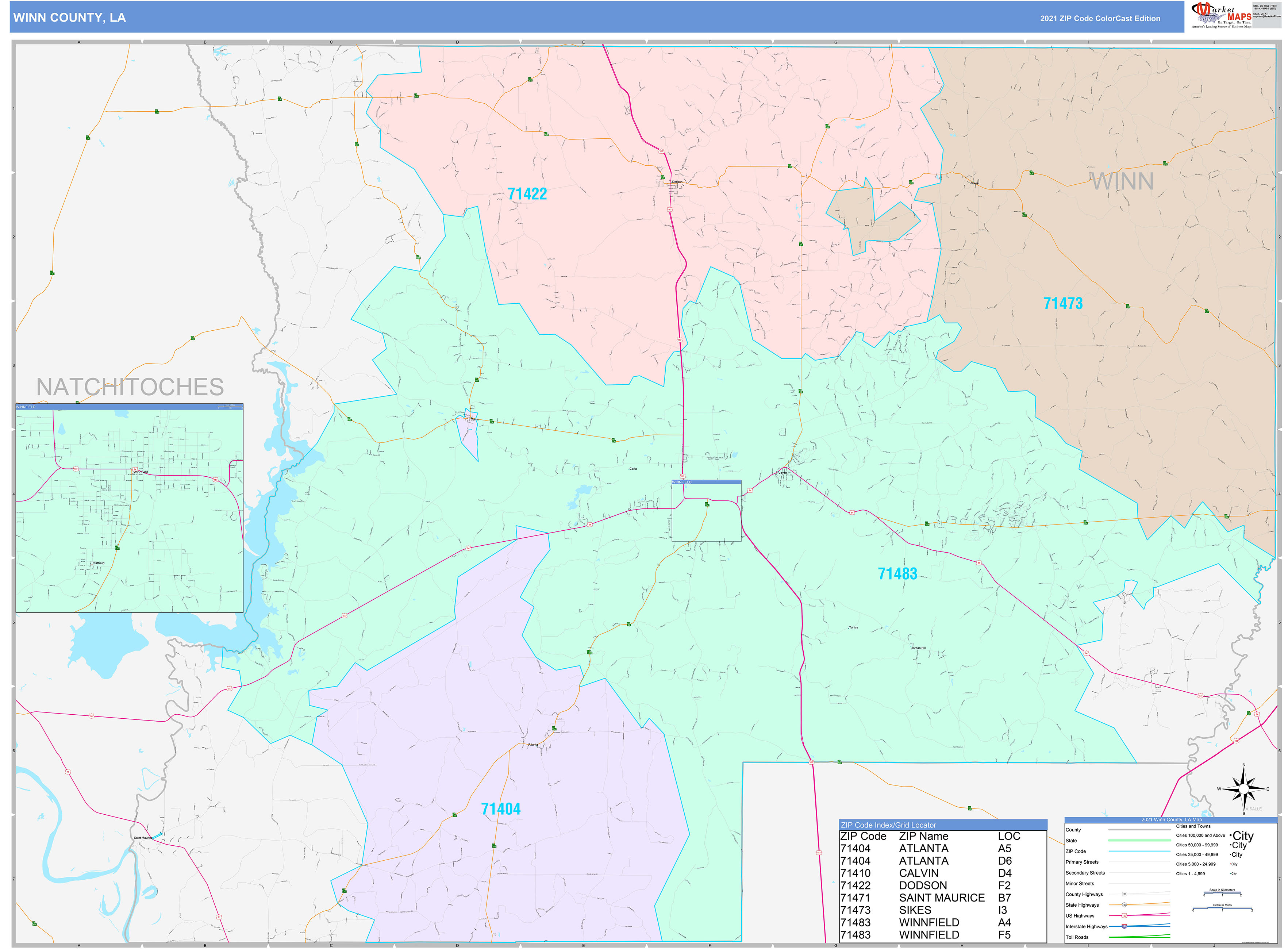 Winn County, LA Wall Map Color Cast Style by MarketMAPS