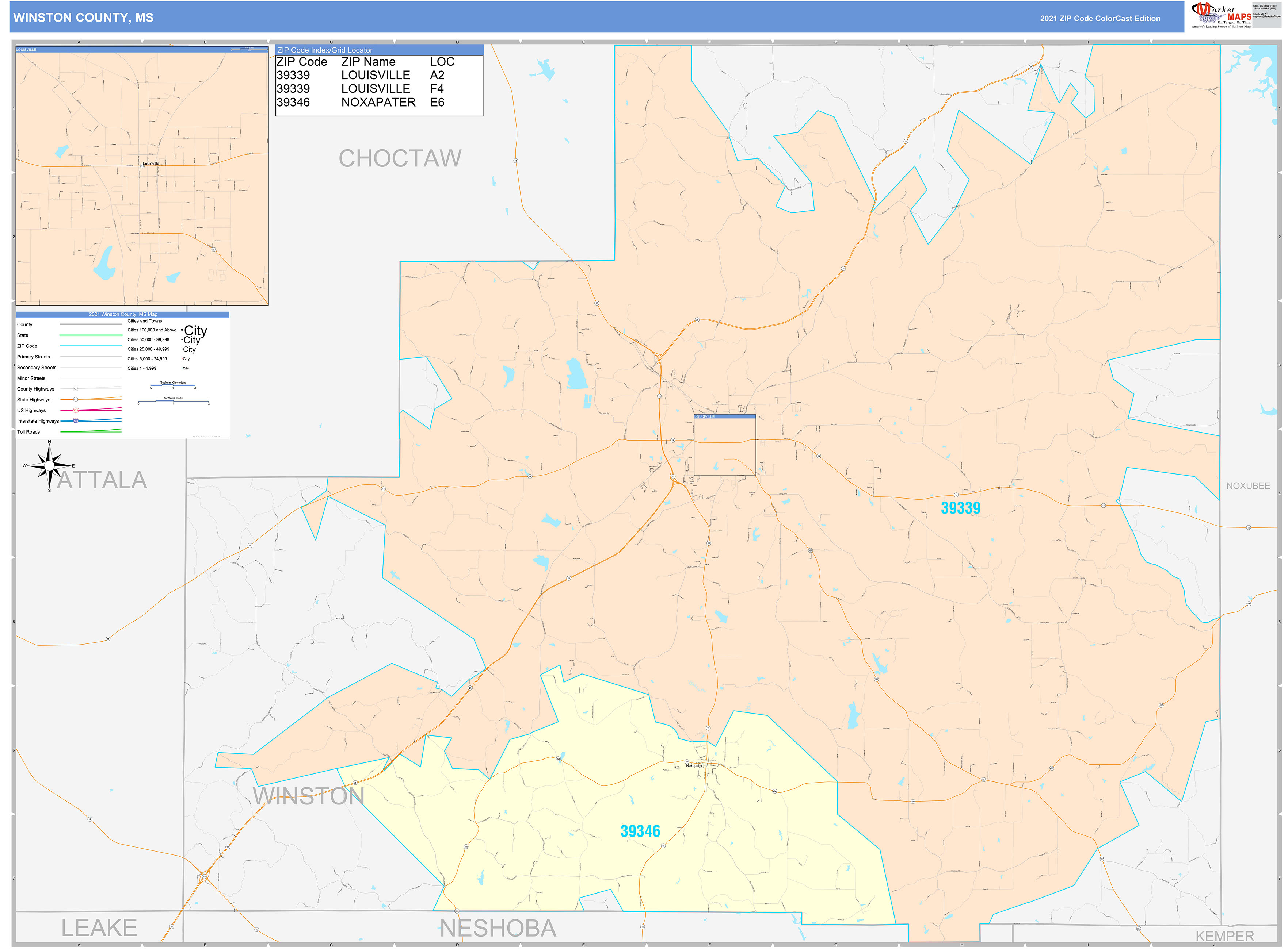 Winston County, MS Wall Map Color Cast Style by MarketMAPS