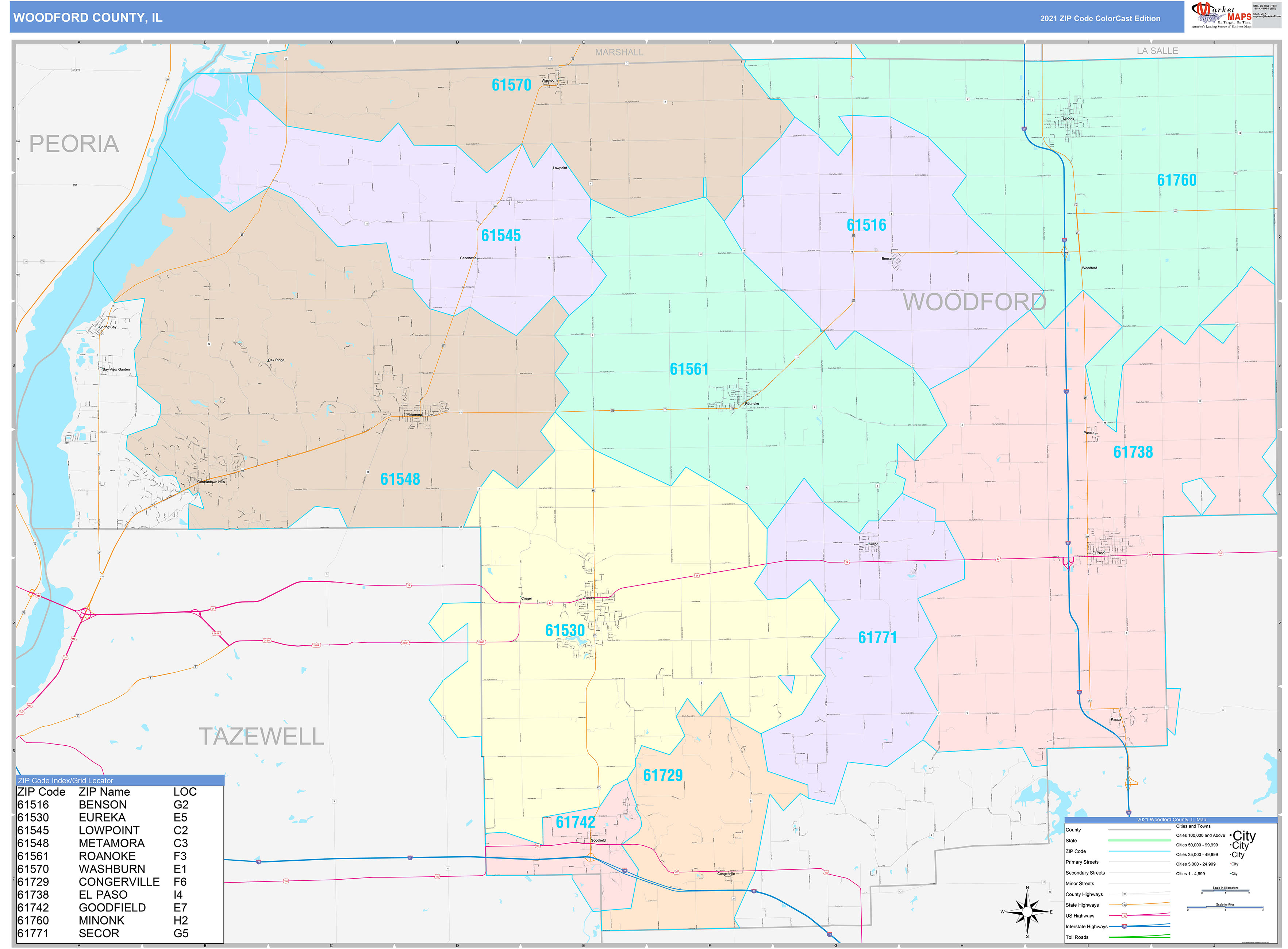 Woodford County, IL Wall Map Color Cast Style by MarketMAPS