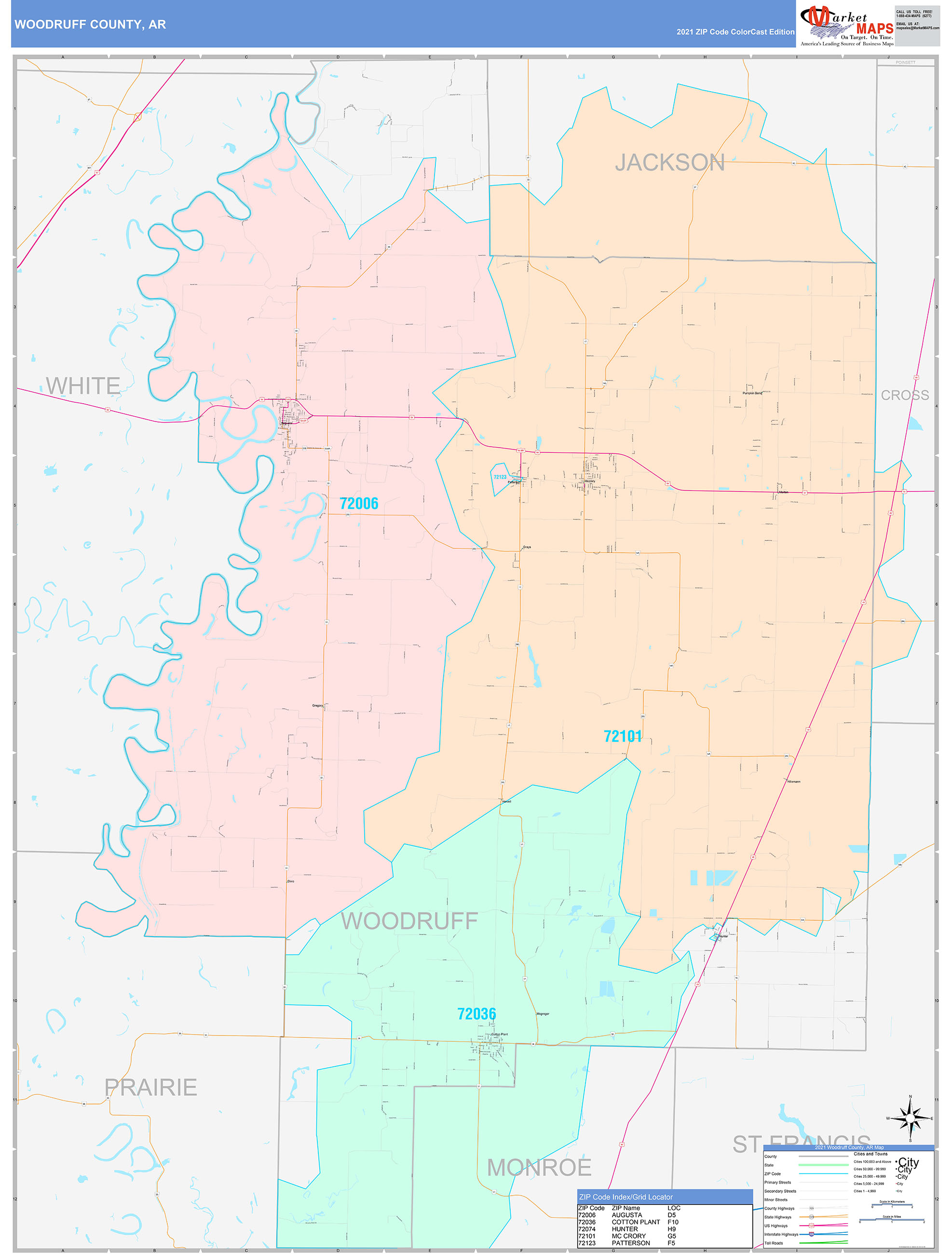 Woodruff County, AR Wall Map Color Cast Style by MarketMAPS
