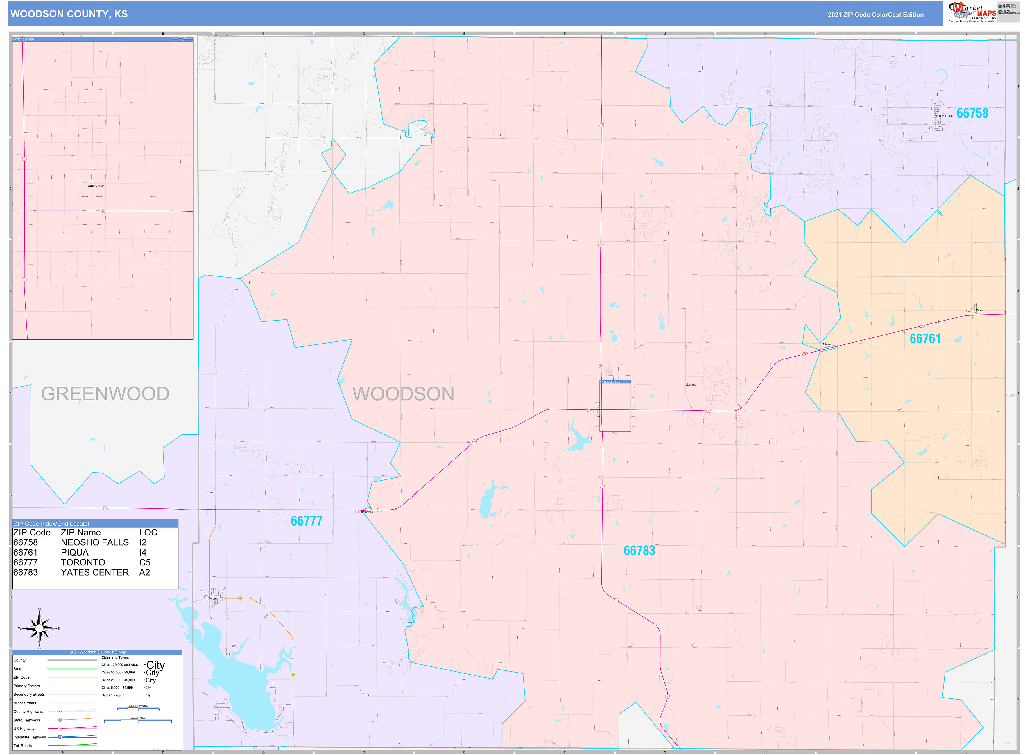 Woodson County, KS Wall Map Color Cast Style by MarketMAPS