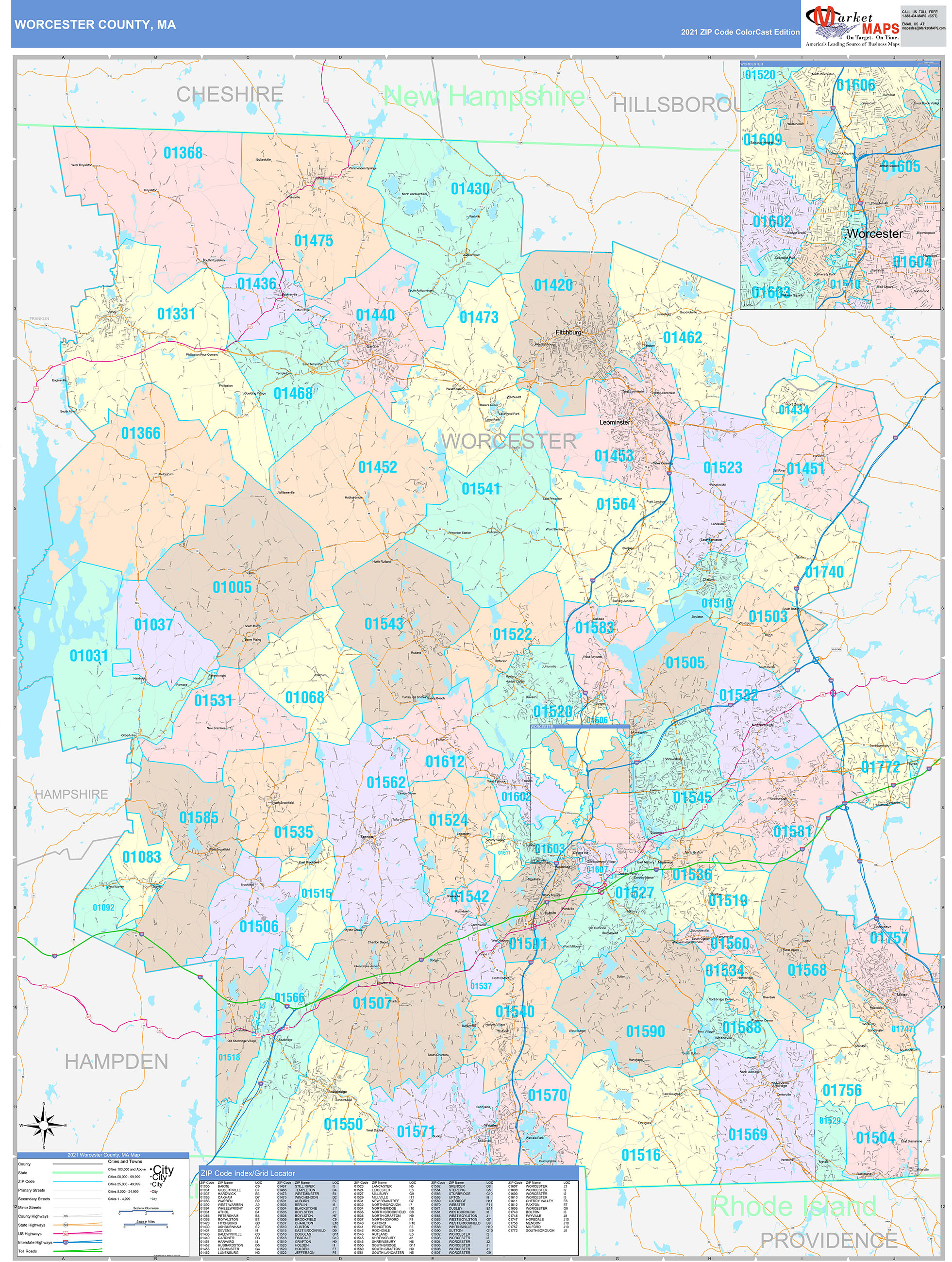 Worcester County, MA Wall Map Color Cast Style by MarketMAPS MapSales