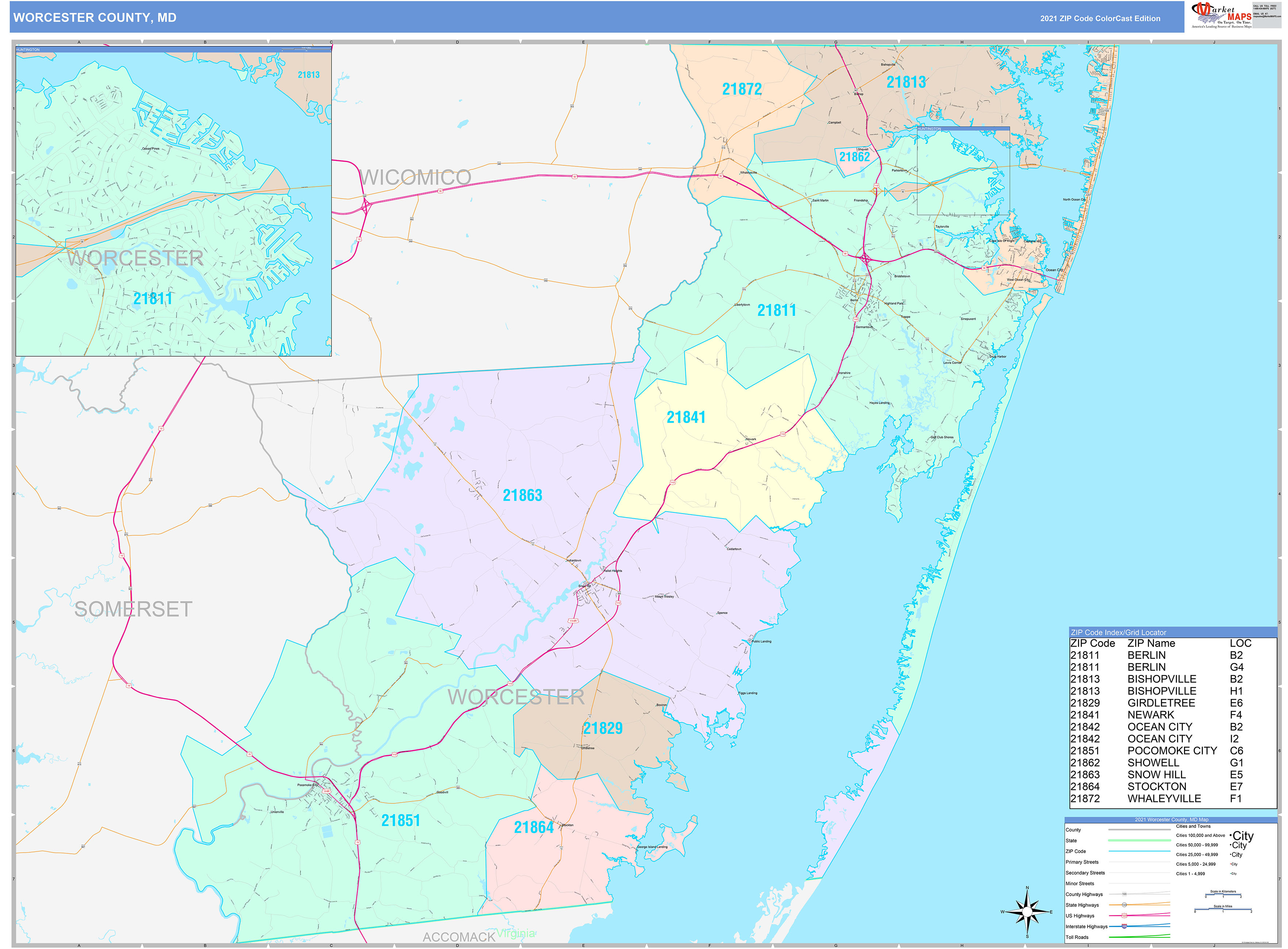 Worcester County MD Wall Map Color Cast Style by MarketMAPS MapSales com
