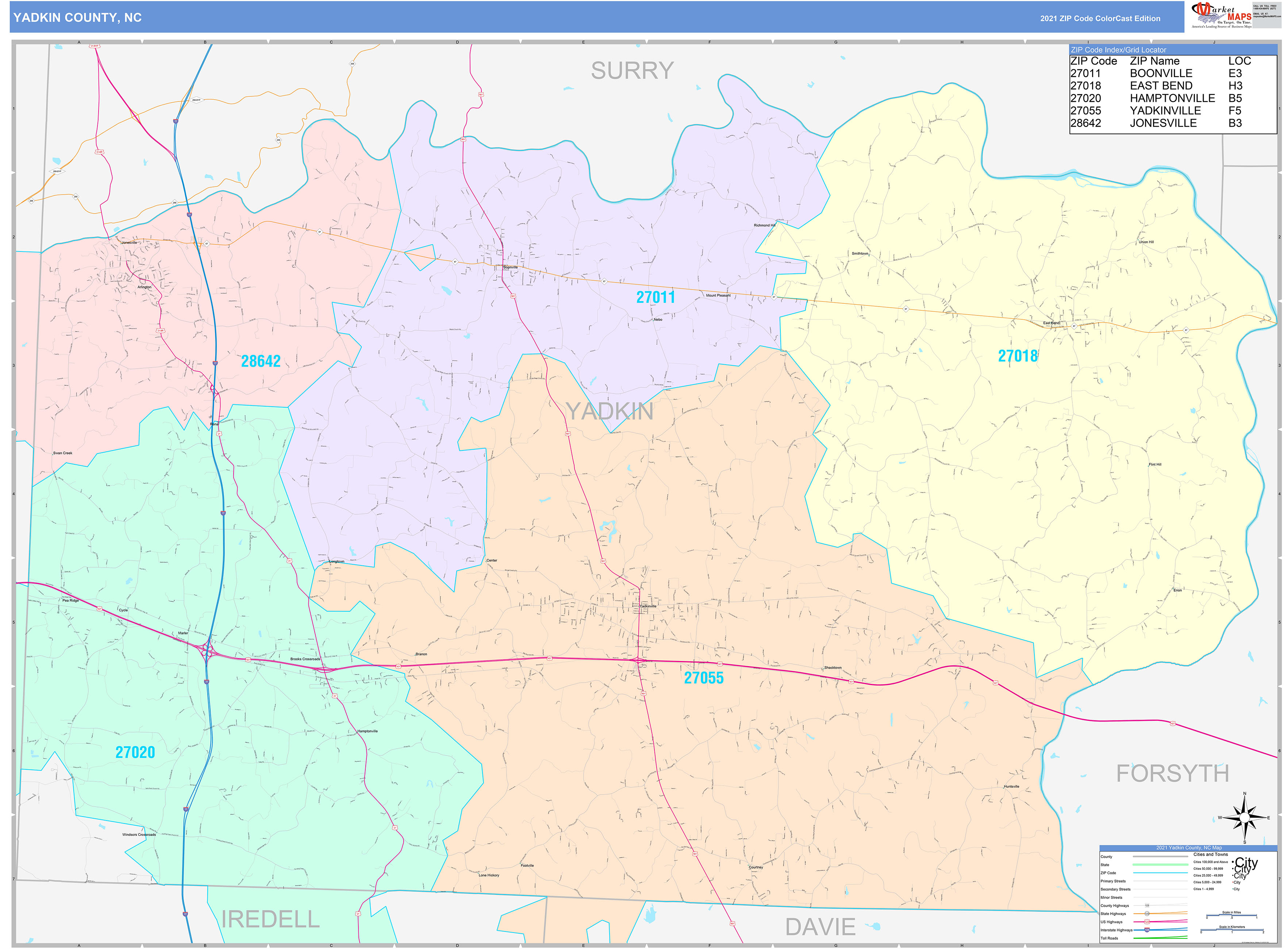 Yadkin County, NC Wall Map Color Cast Style by MarketMAPS