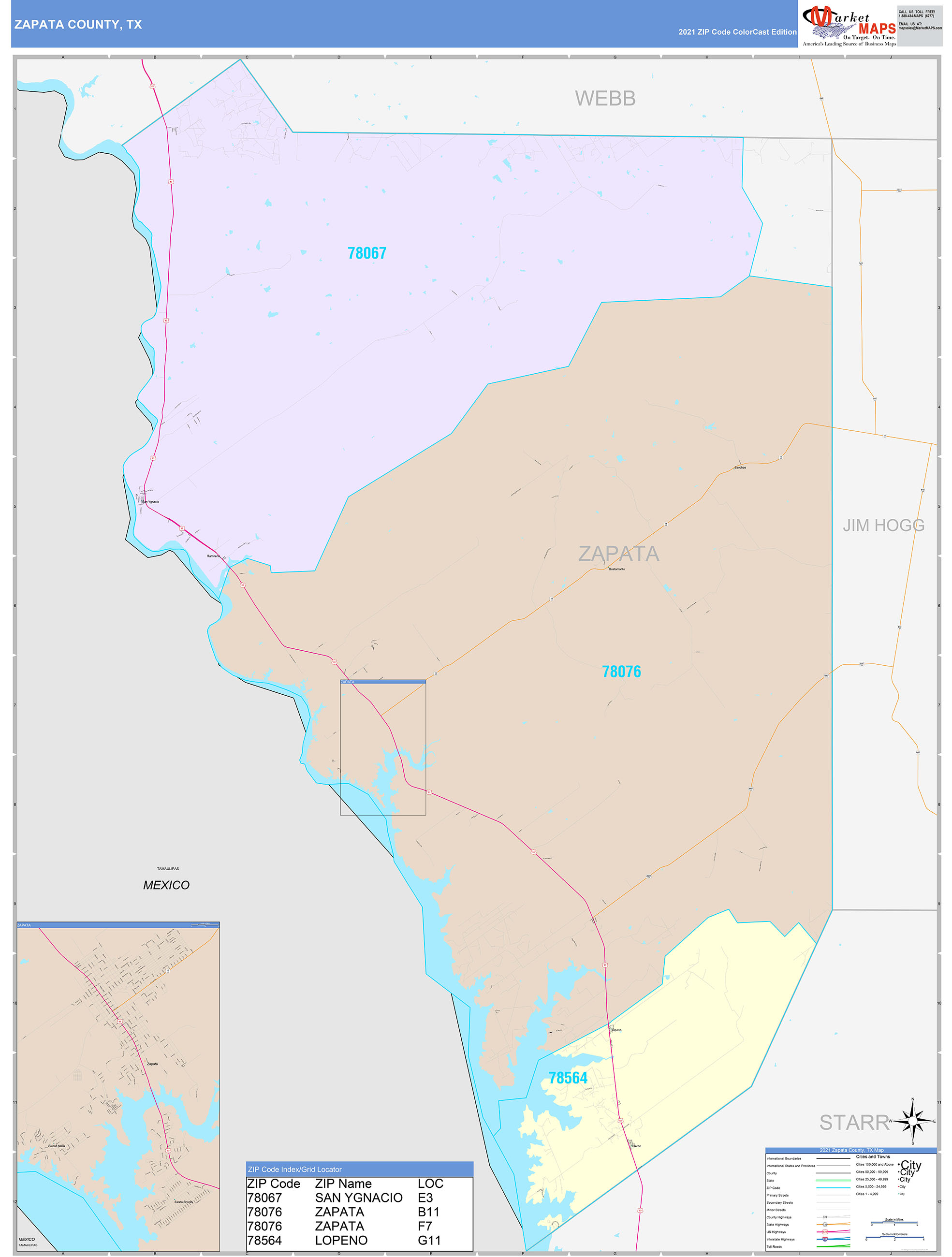 Zapata County, TX Wall Map Color Cast Style by MarketMAPS
