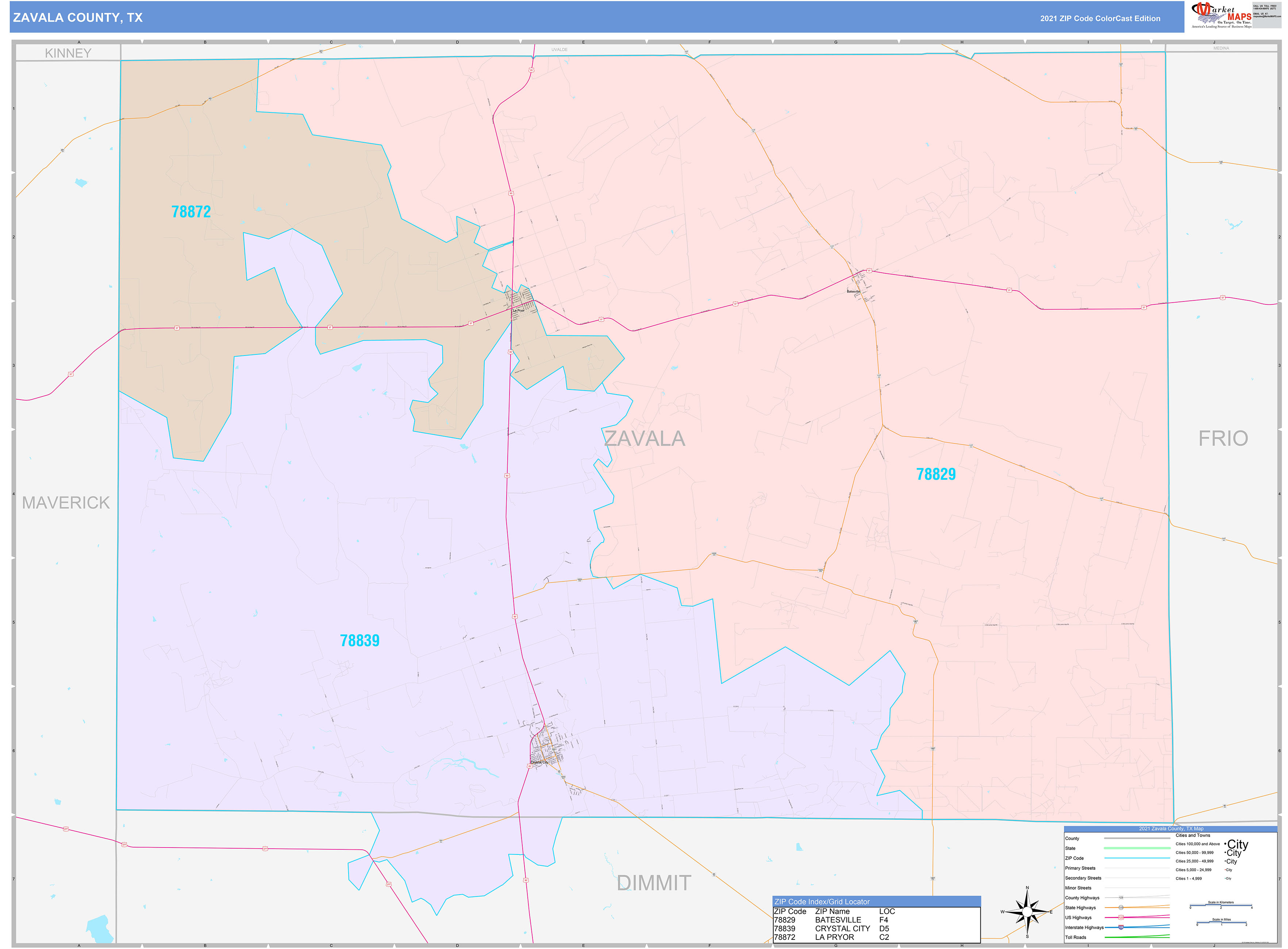 Zavala County Tx Wall Map Color Cast Style By Marketmaps