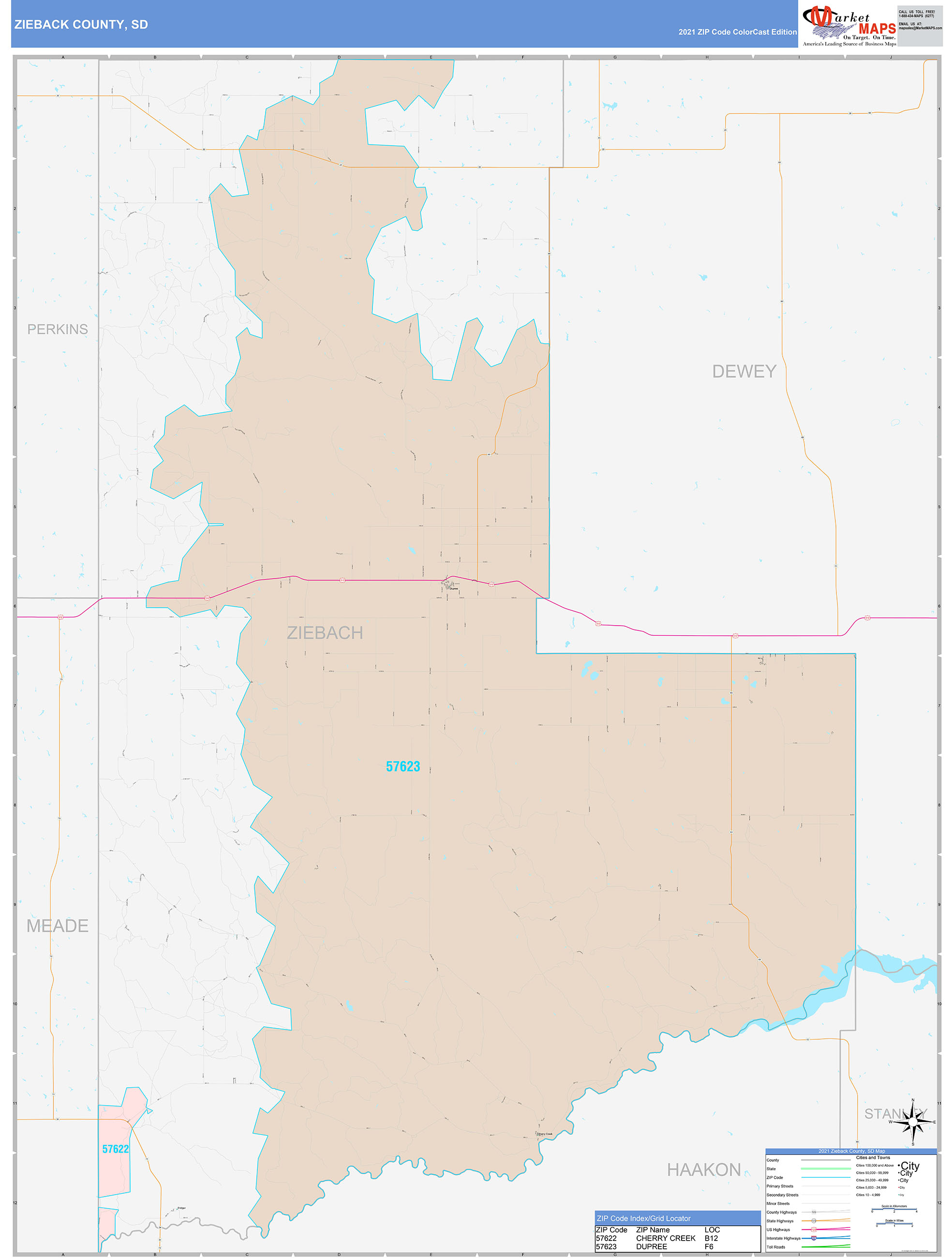 Ziebach County, SD Wall Map Color Cast Style by MarketMAPS