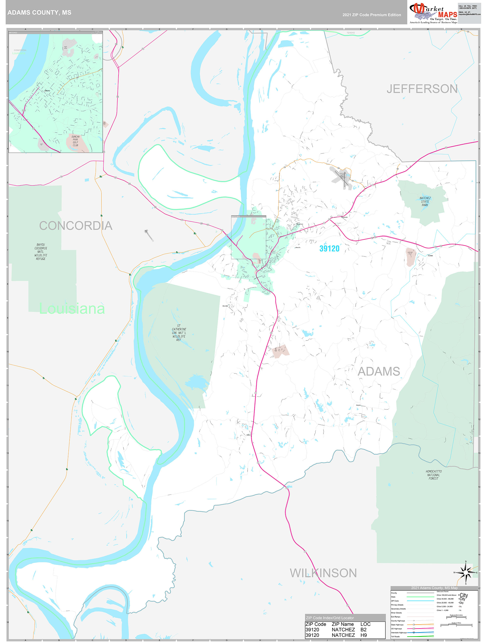 Adams County, MS Wall Map Premium Style by MarketMAPS