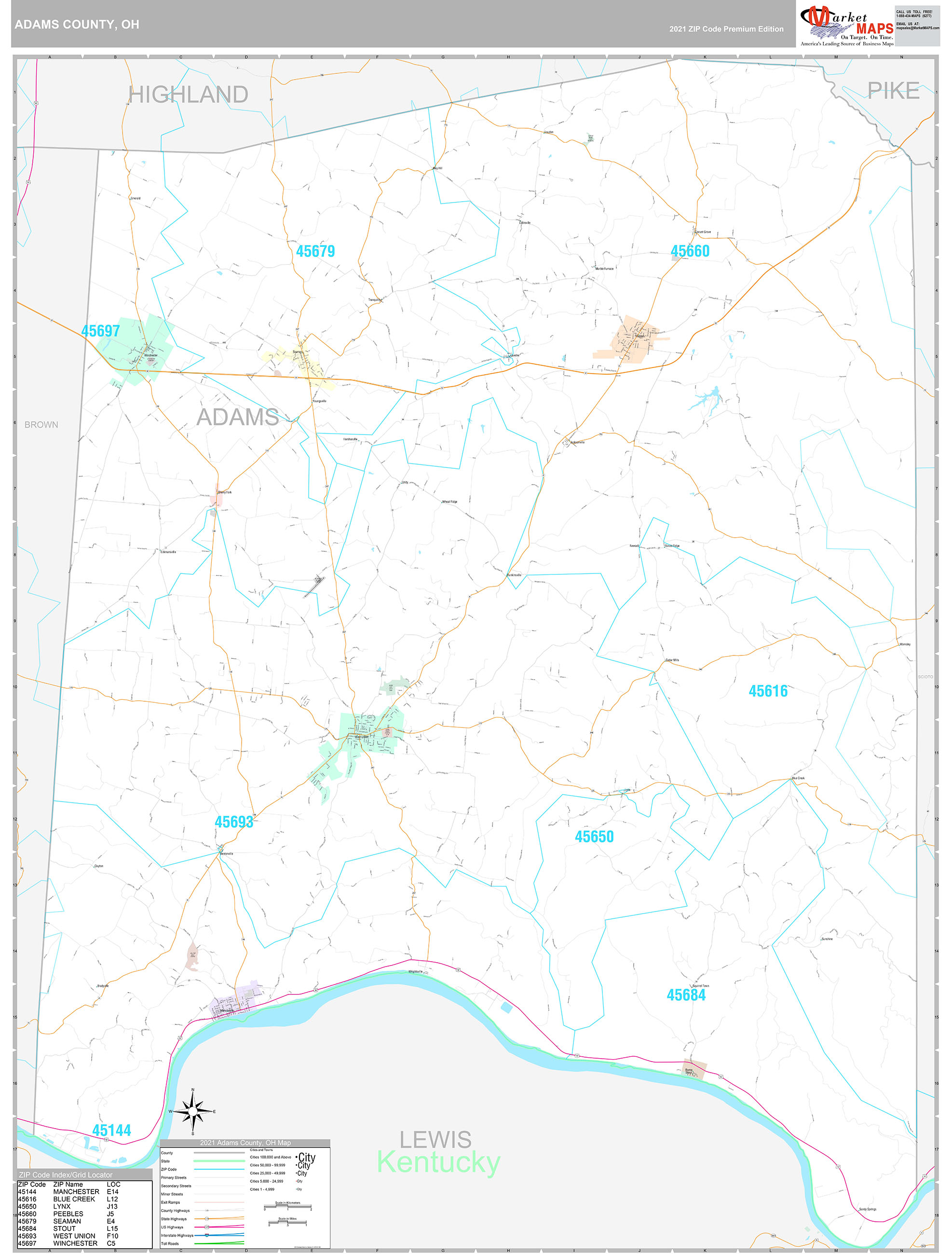 Adams County, OH Wall Map Premium Style by MarketMAPS