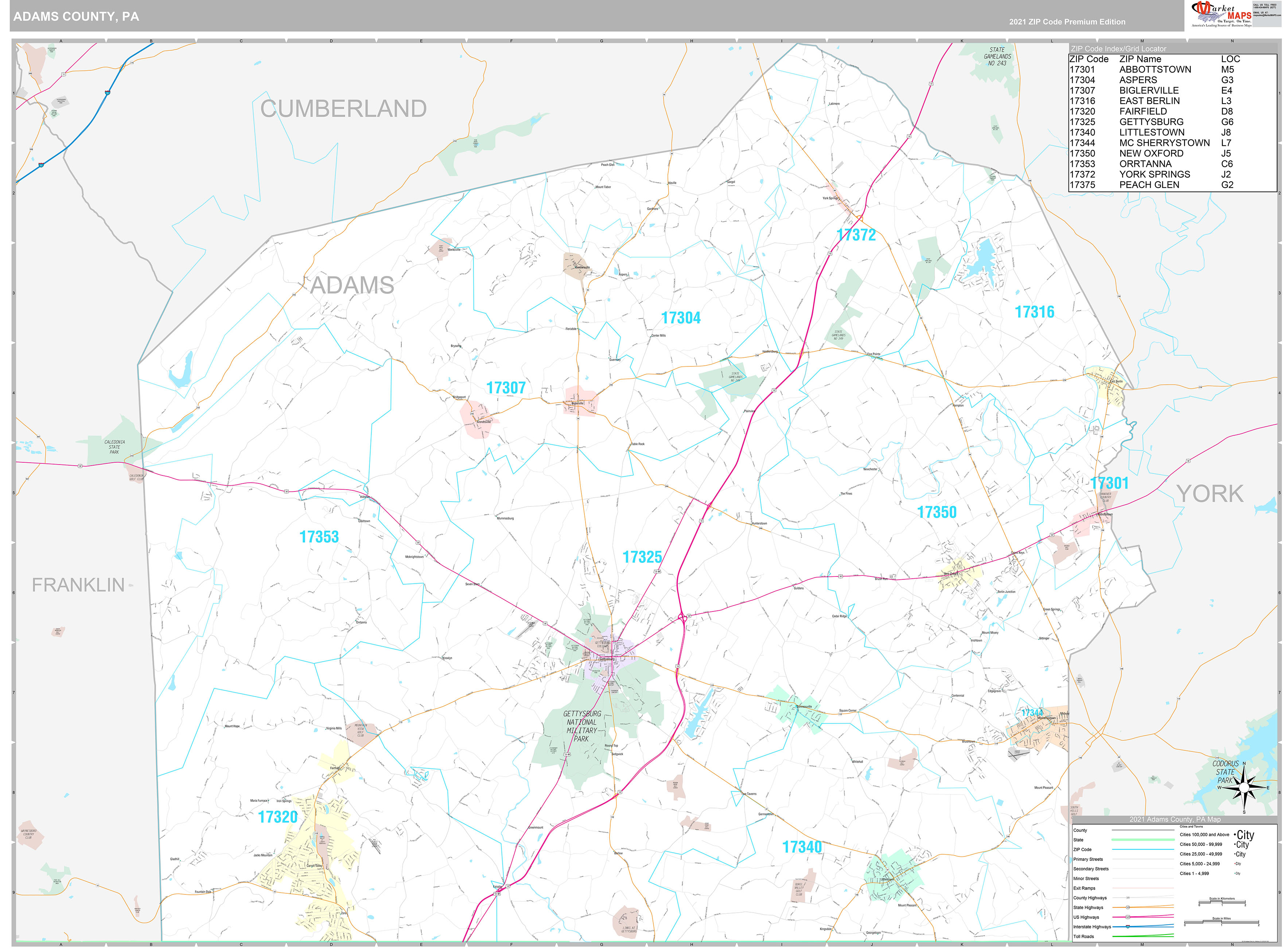 Adams County, PA Wall Map Premium Style by MarketMAPS MapSales