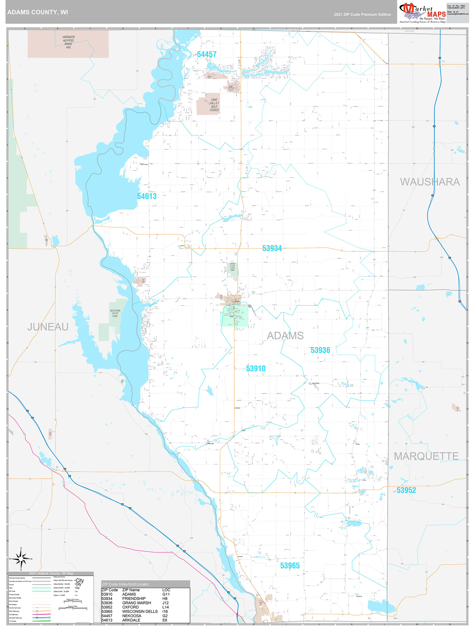 Adams County, WI Wall Map Premium Style by MarketMAPS