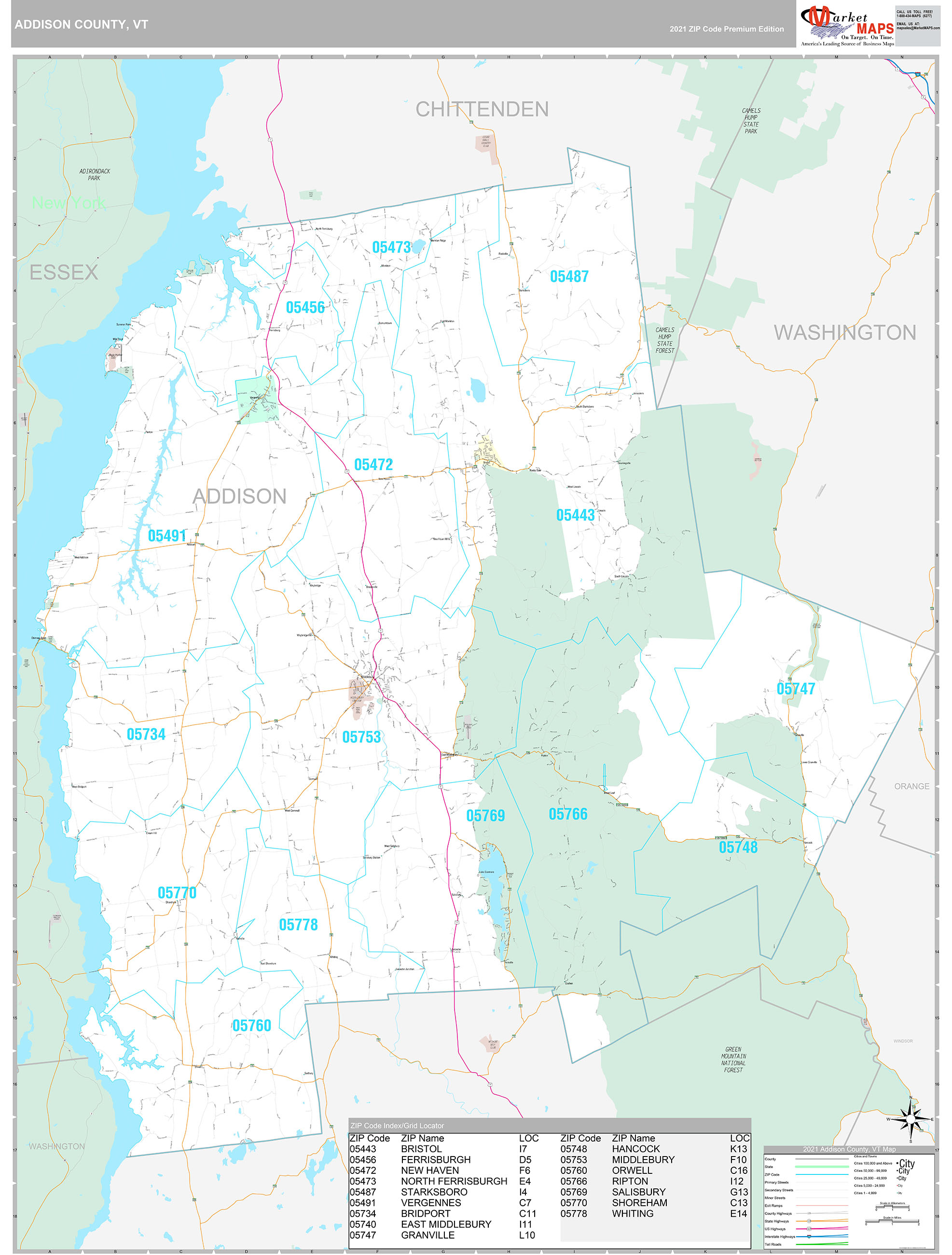 Addison County, VT Wall Map Premium Style by MarketMAPS