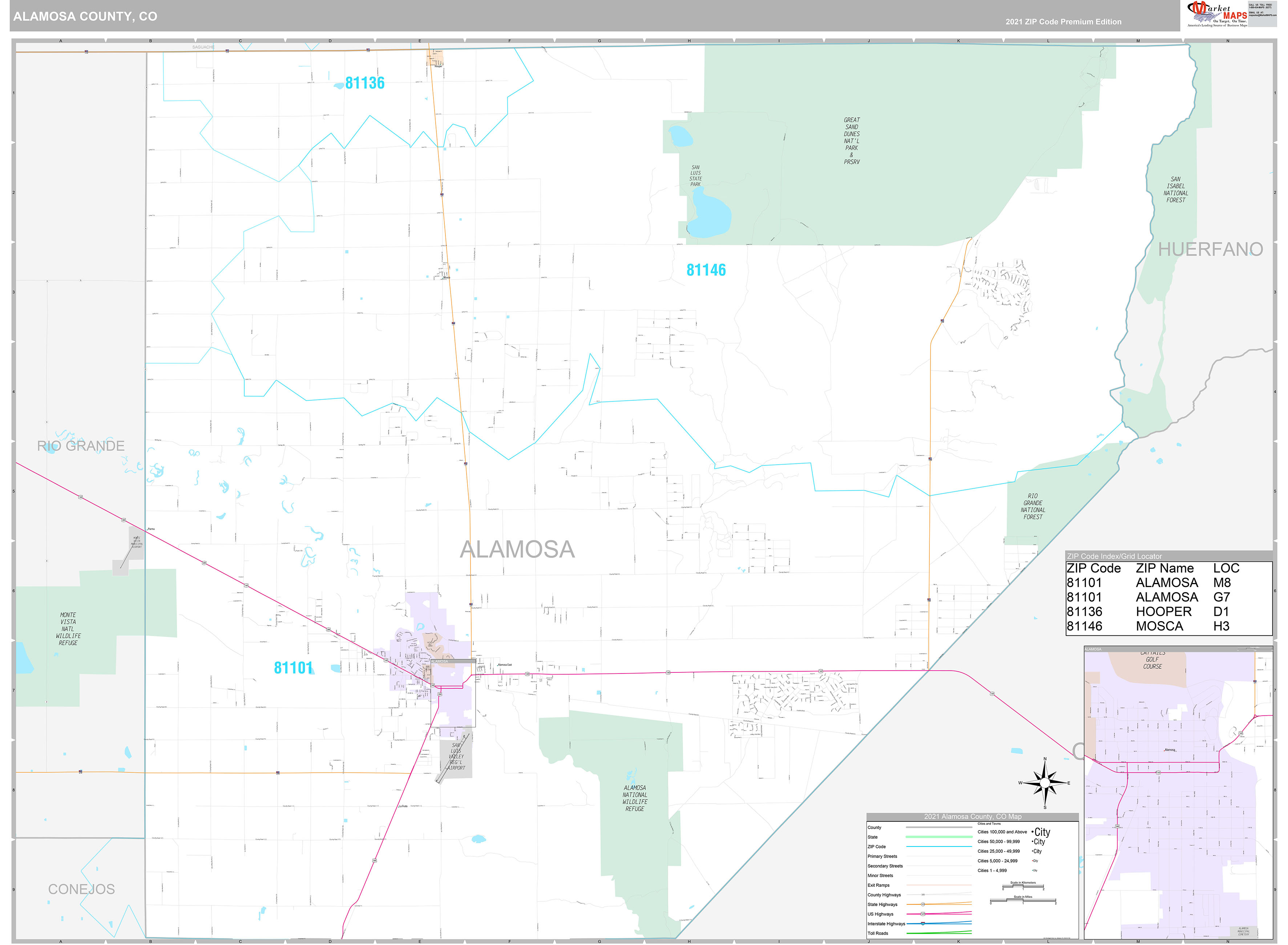 Alamosa County, CO Wall Map Premium Style by MarketMAPS