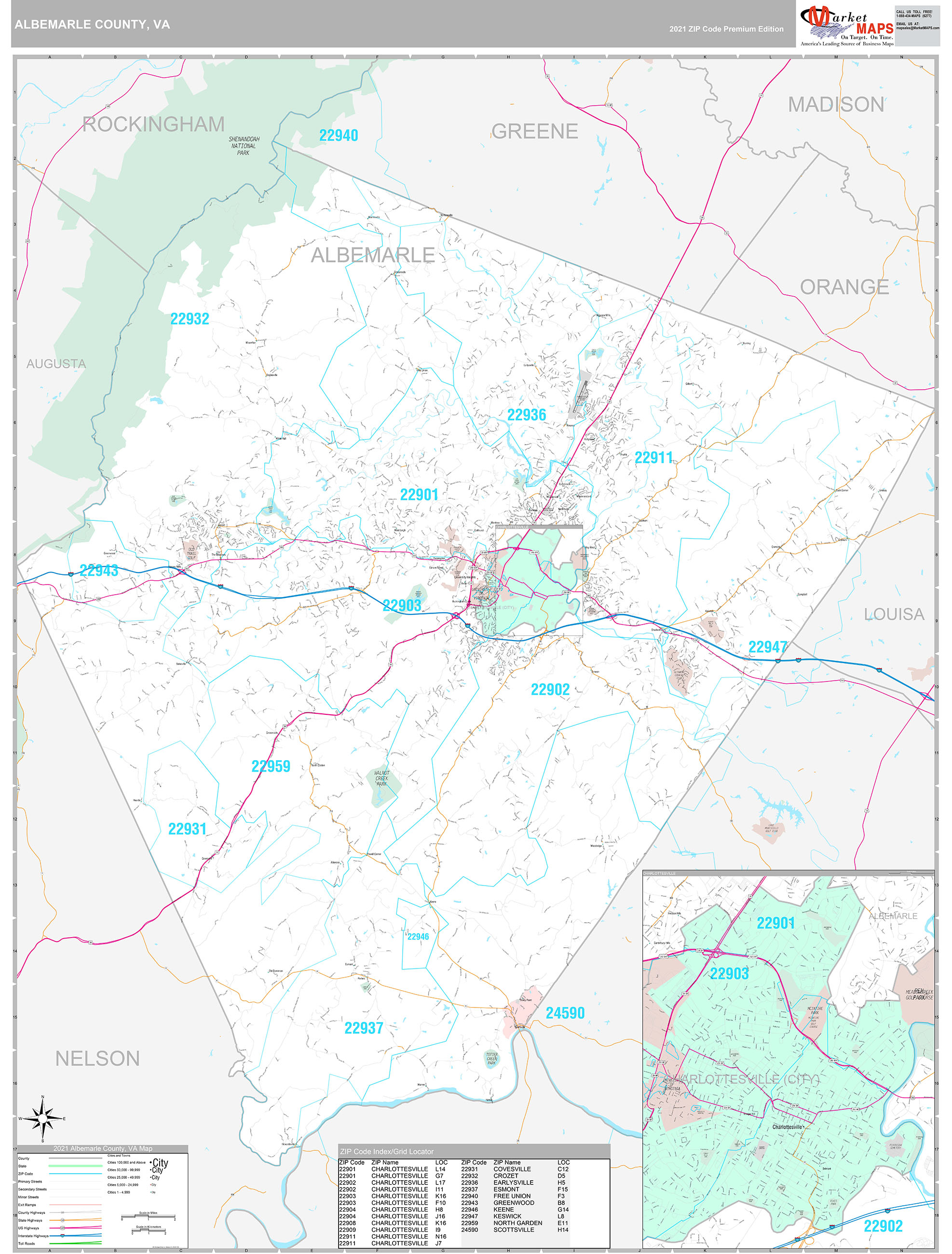 Albemarle County, VA Wall Map Premium Style by MarketMAPS MapSales
