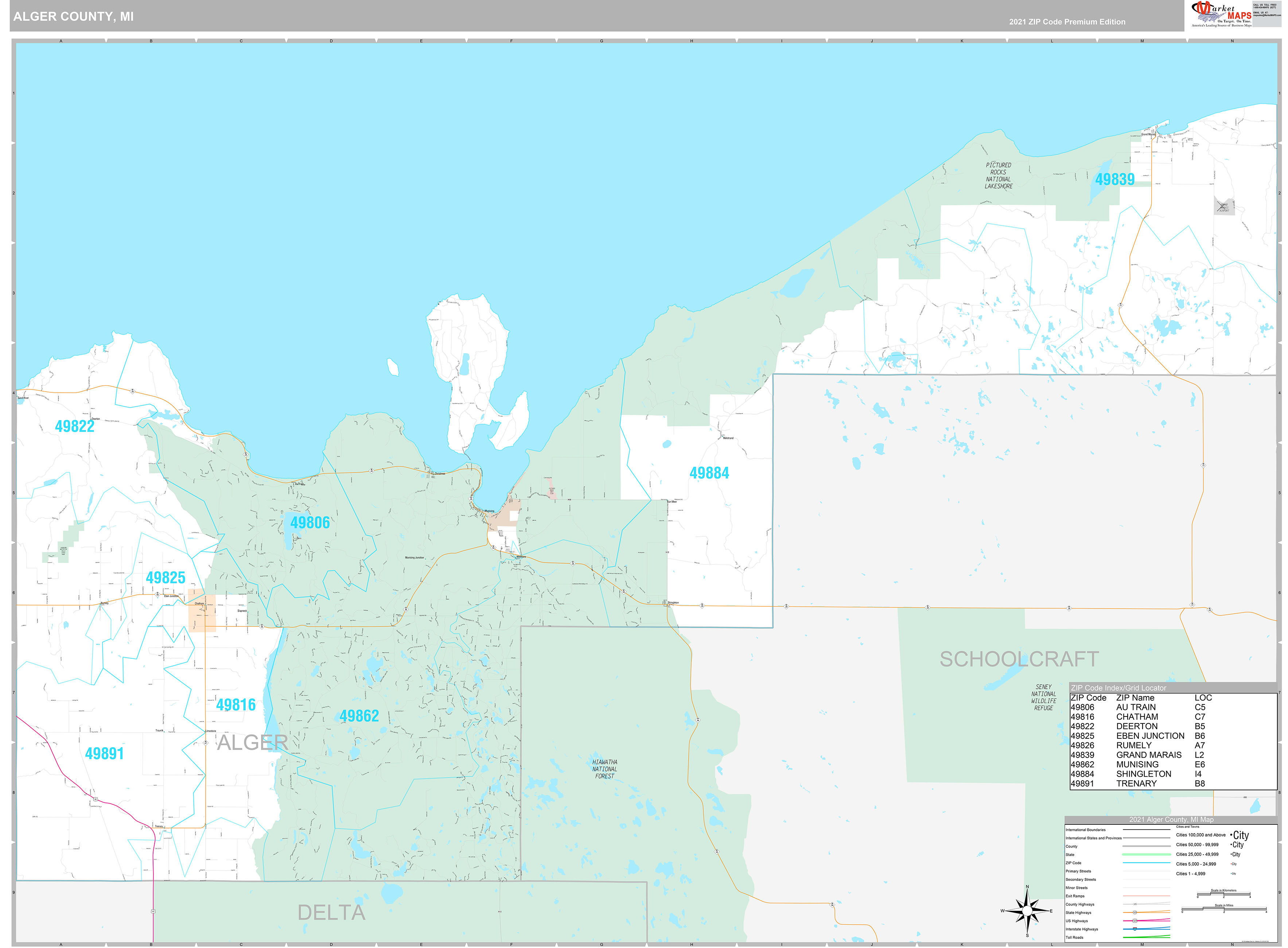 Alger County, MI Wall Map Premium Style by MarketMAPS