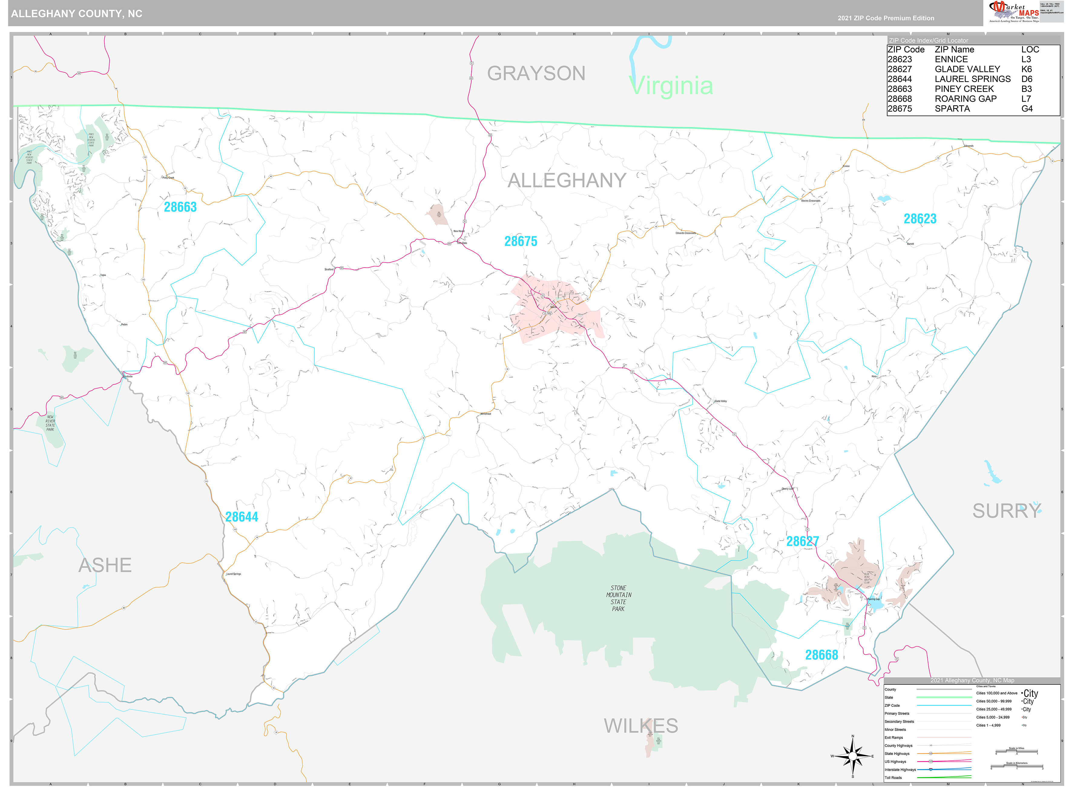 Alleghany County, NC Wall Map Premium Style by MarketMAPS