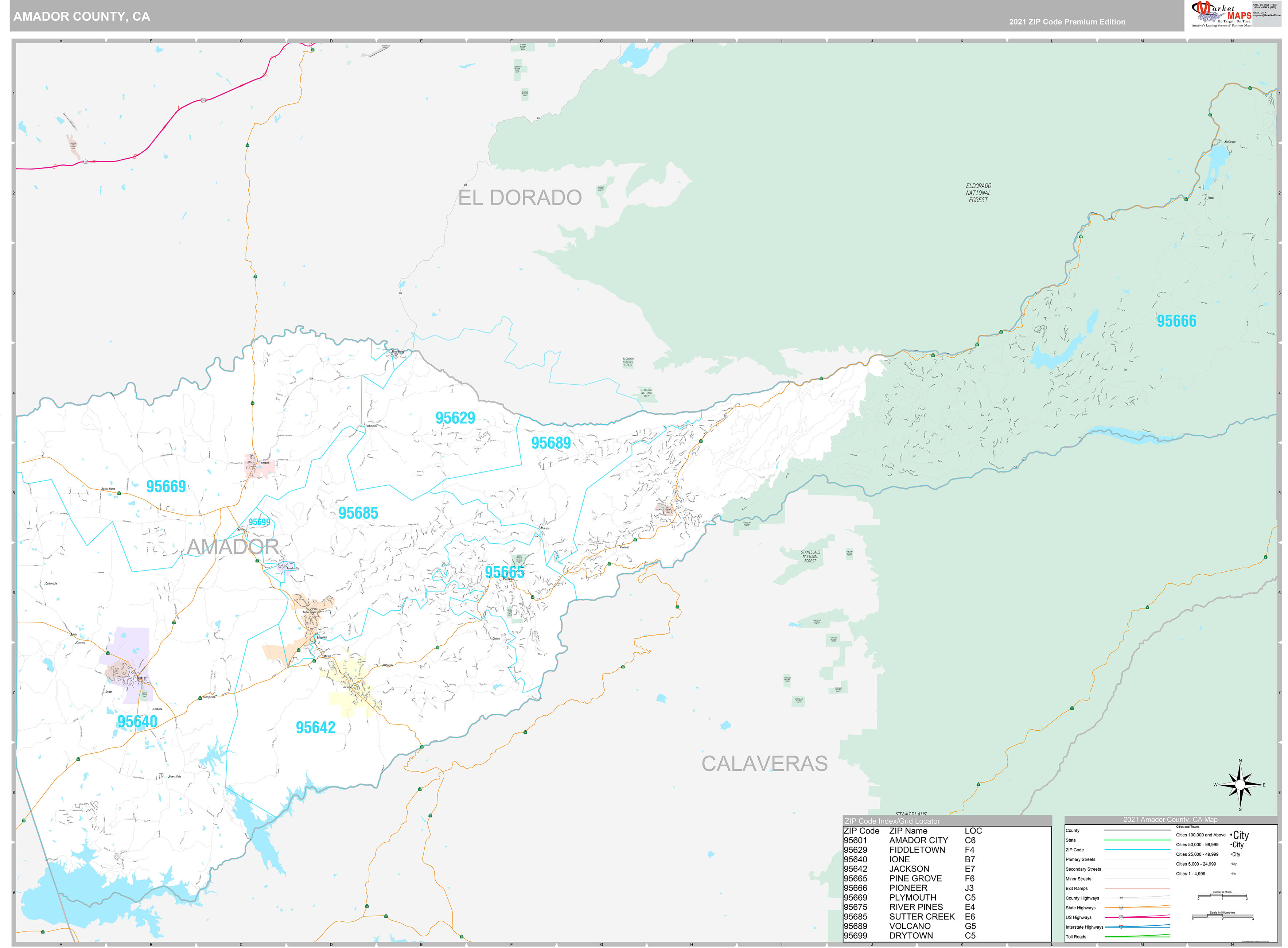 Amador County, CA Wall Map Premium Style by MarketMAPS MapSales