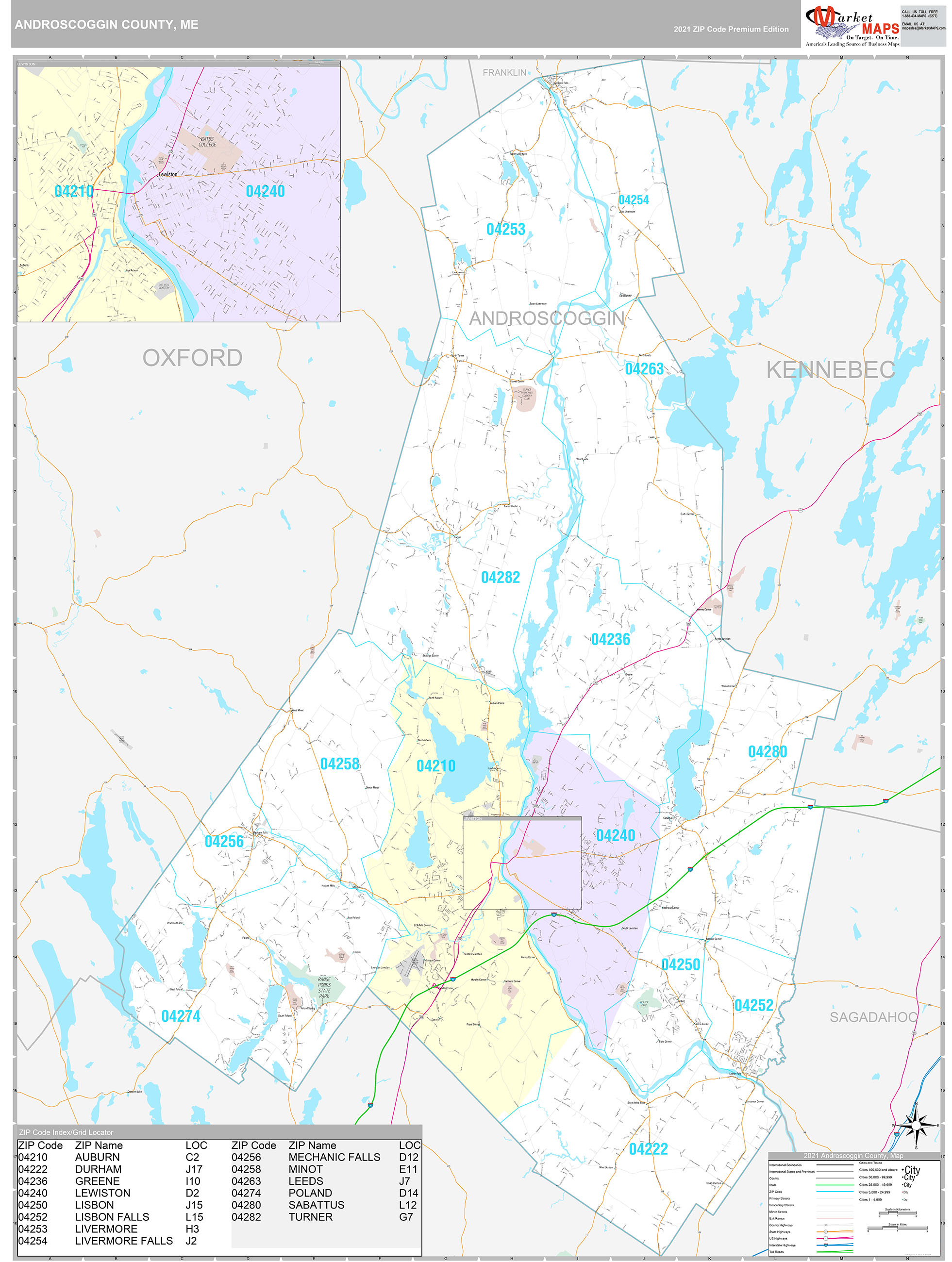 Androscoggin County, ME Wall Map Premium Style by MarketMAPS