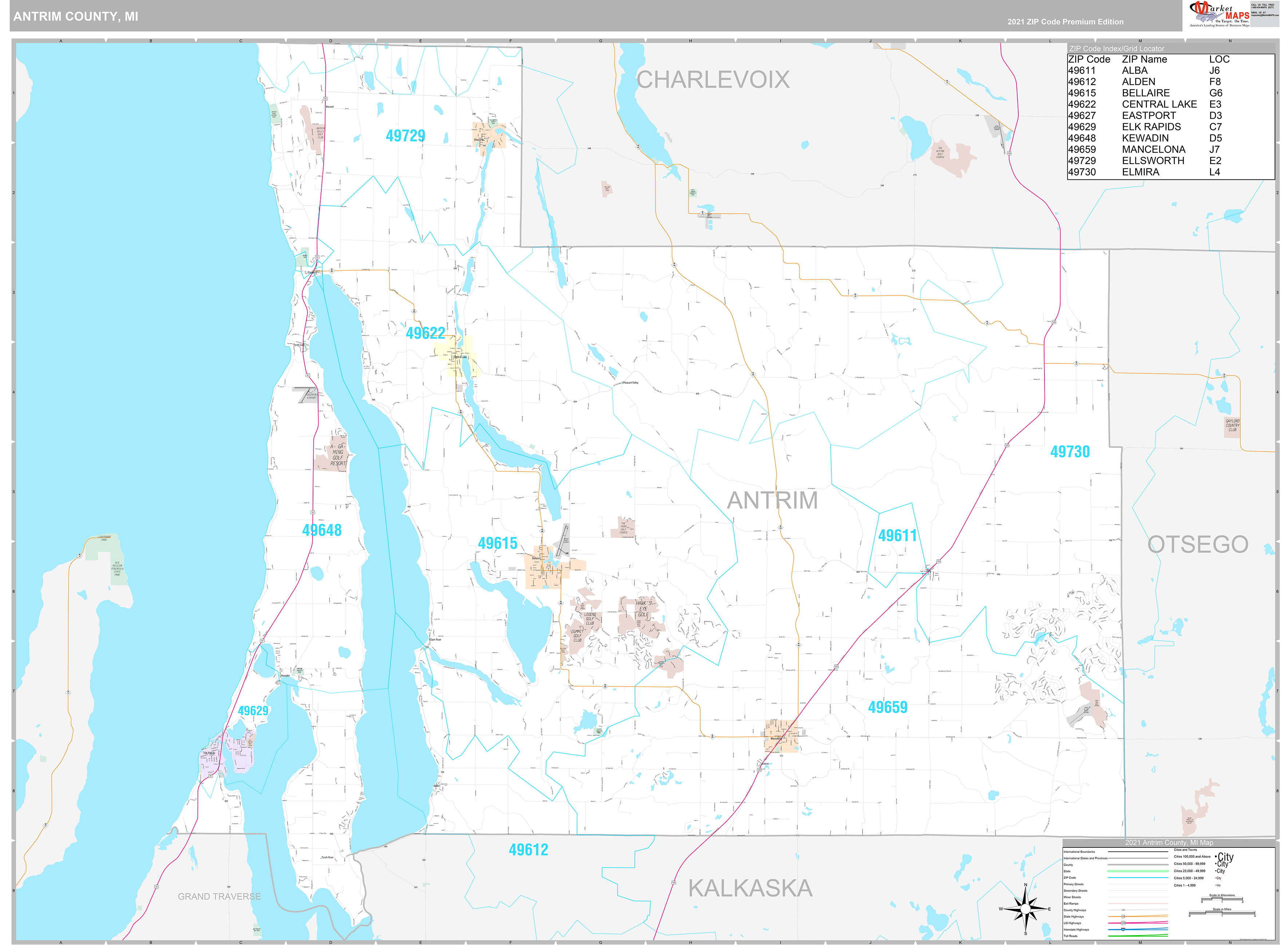 Antrim County, MI Wall Map Premium Style by MarketMAPS