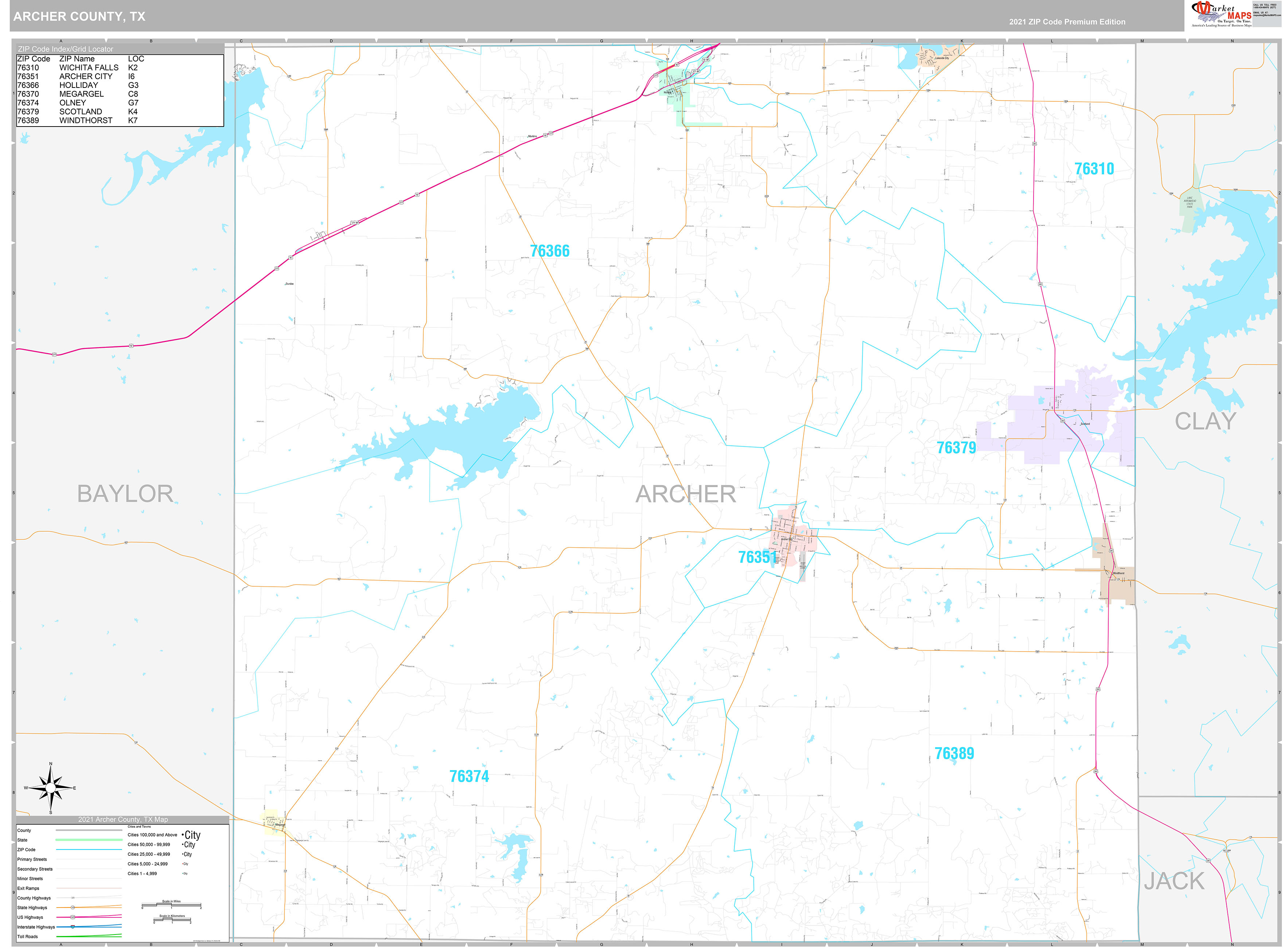 Archer County, TX Wall Map Premium Style by MarketMAPS MapSales