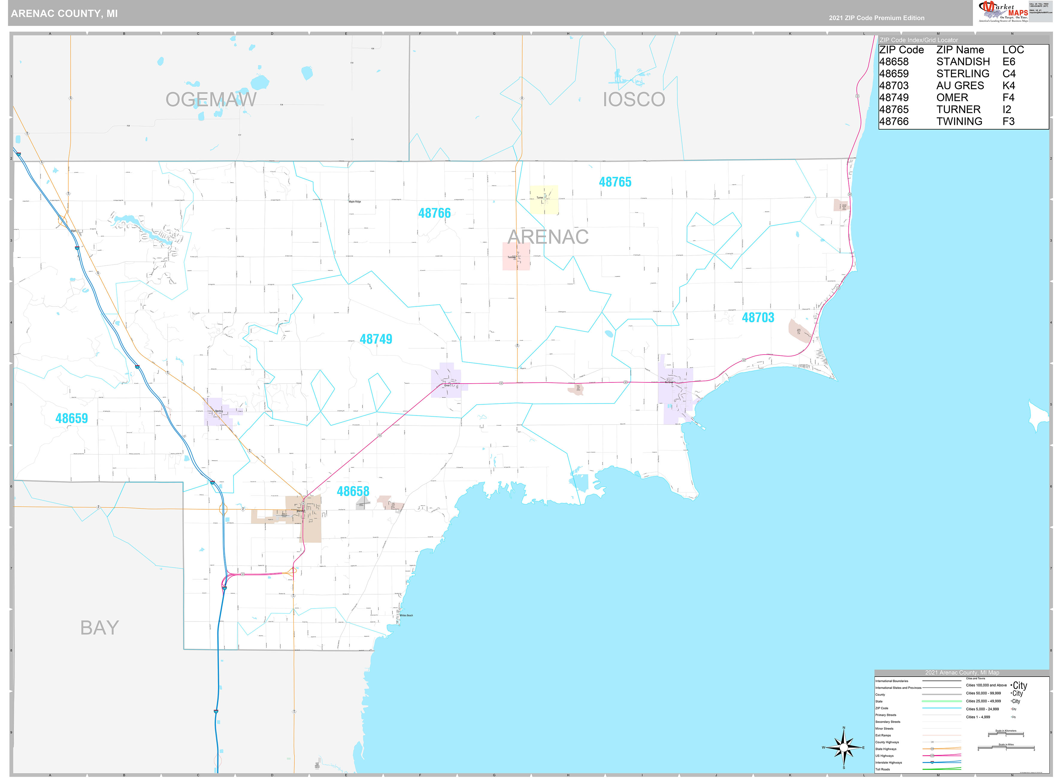 Arenac County, MI Wall Map Premium Style by MarketMAPS MapSales