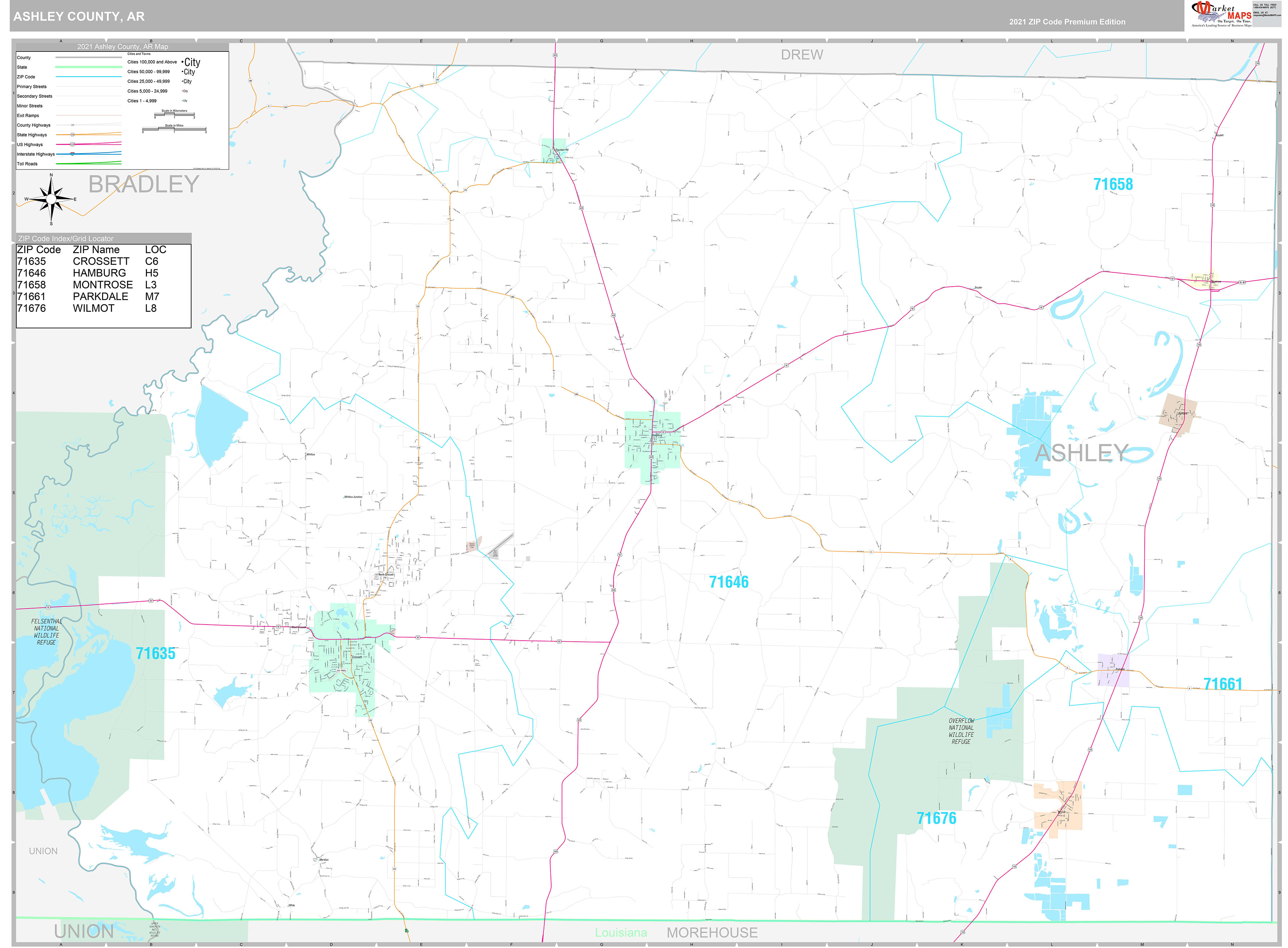 Ashley County, AR Wall Map Premium Style by MarketMAPS MapSales
