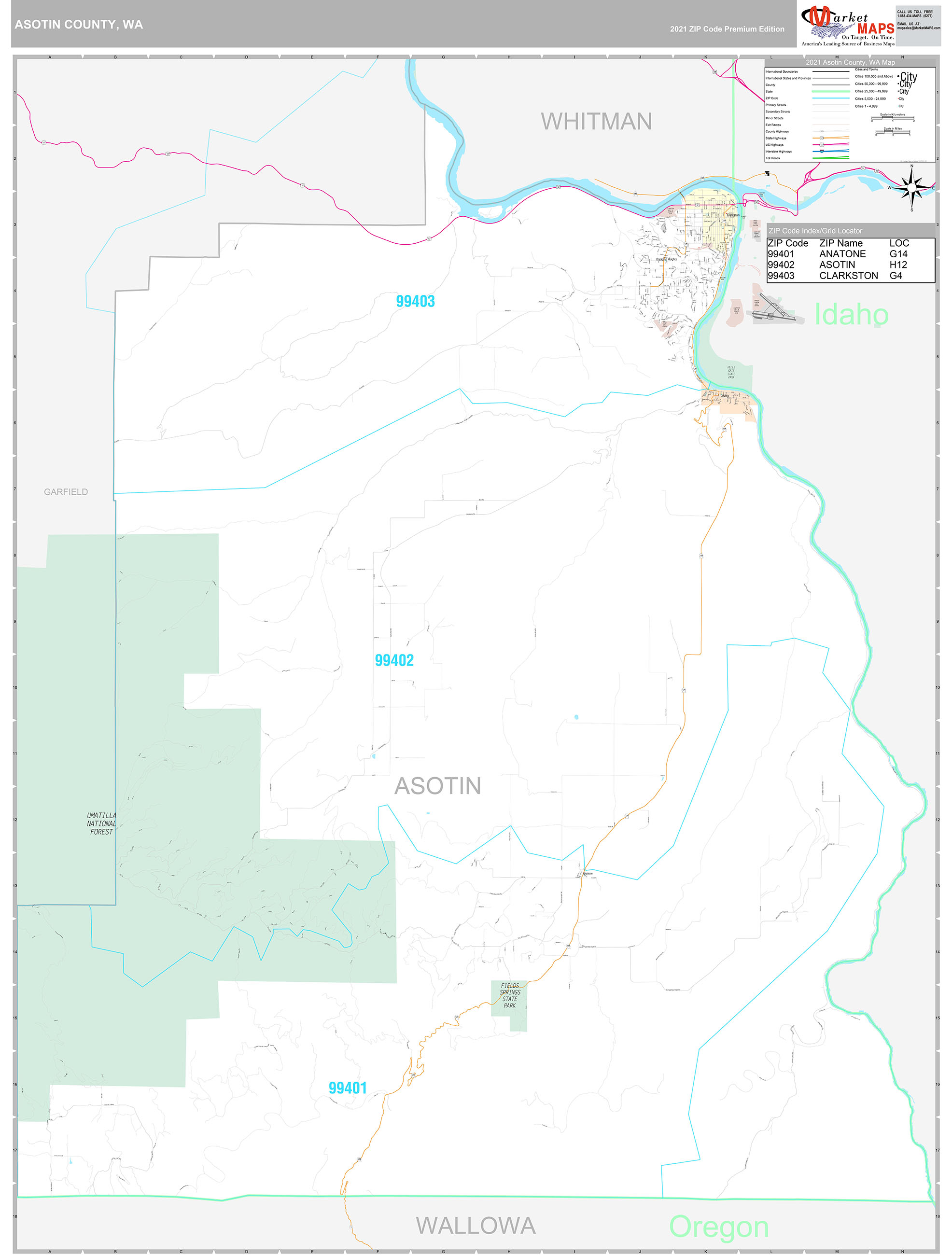 Asotin County, WA Wall Map Premium Style by MarketMAPS